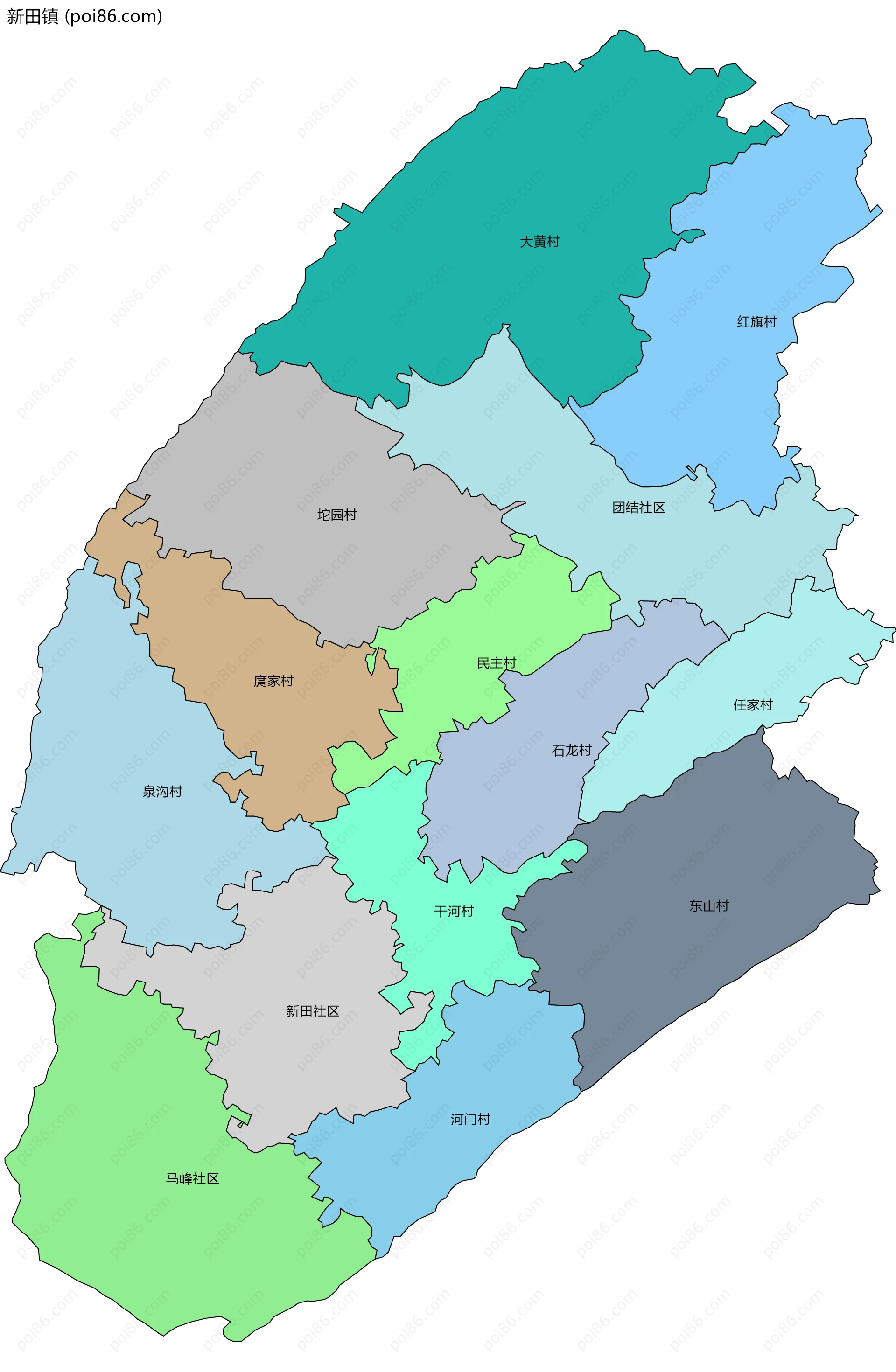 新田镇边界地图(五级行政区划)
