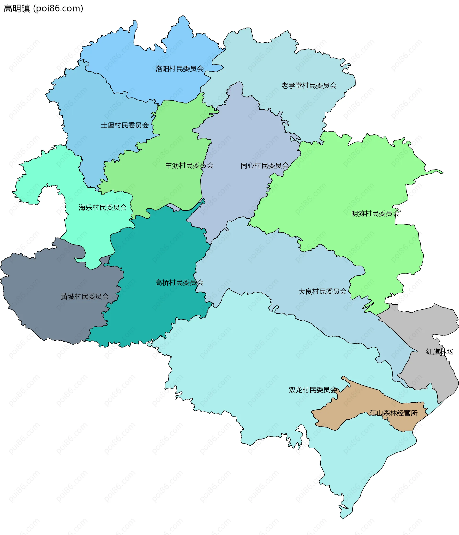 高明镇边界地图(五级行政区划)