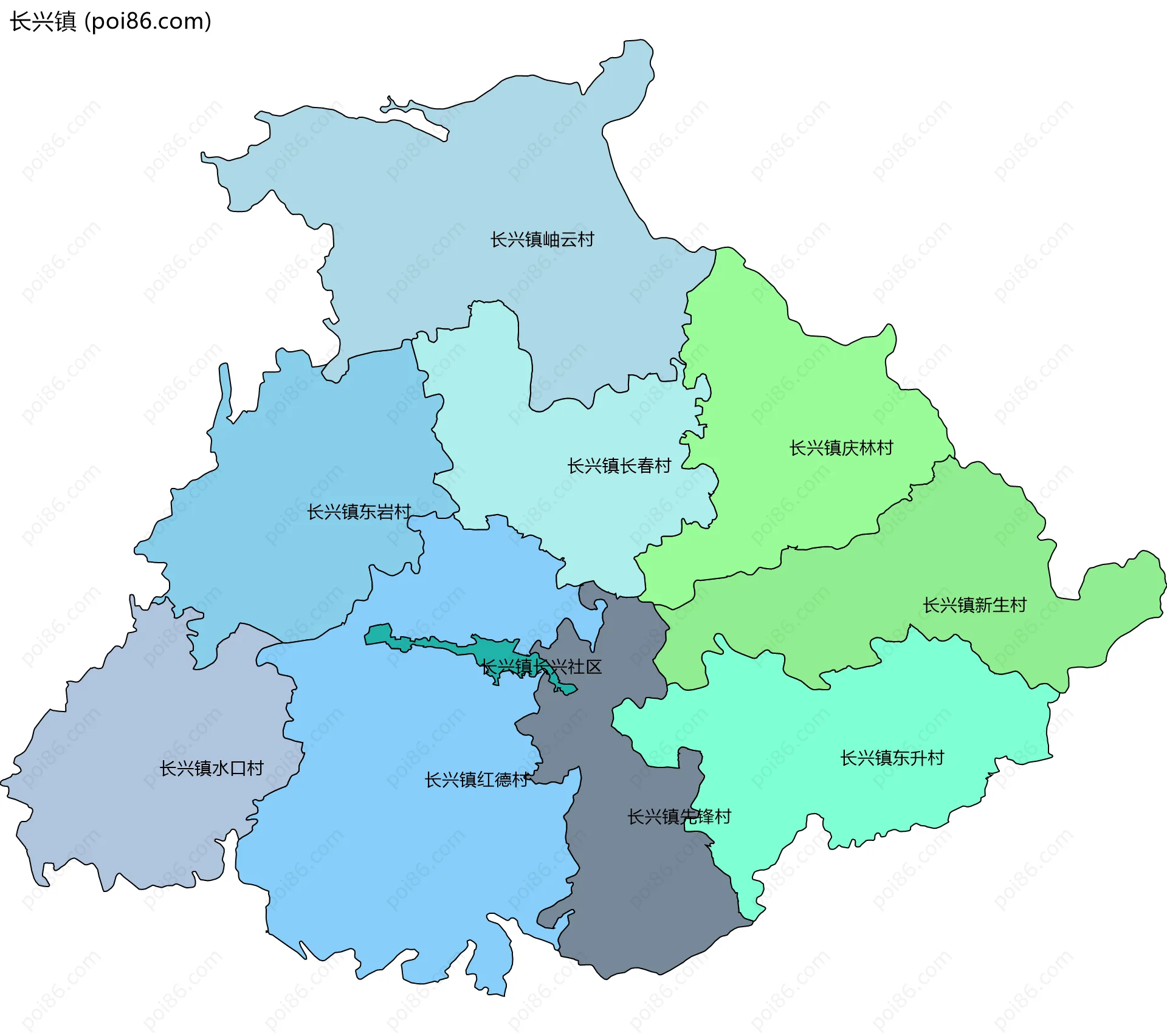 长兴镇边界地图(五级行政区划)