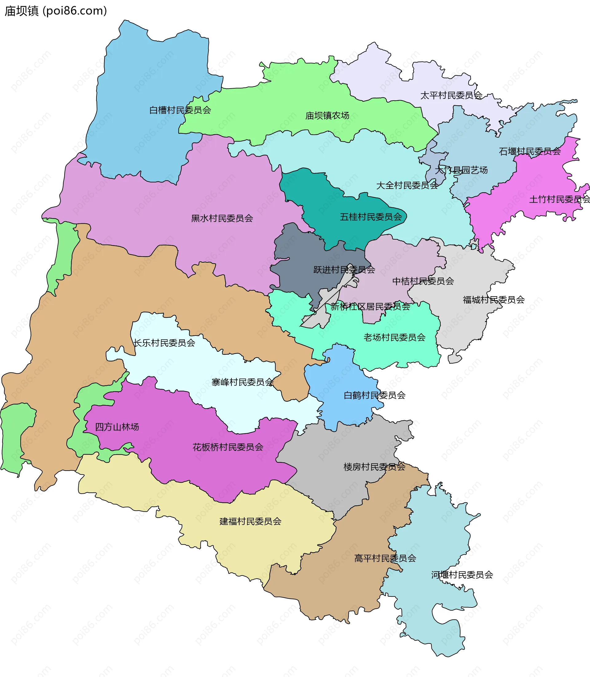 庙坝镇边界地图(五级行政区划)