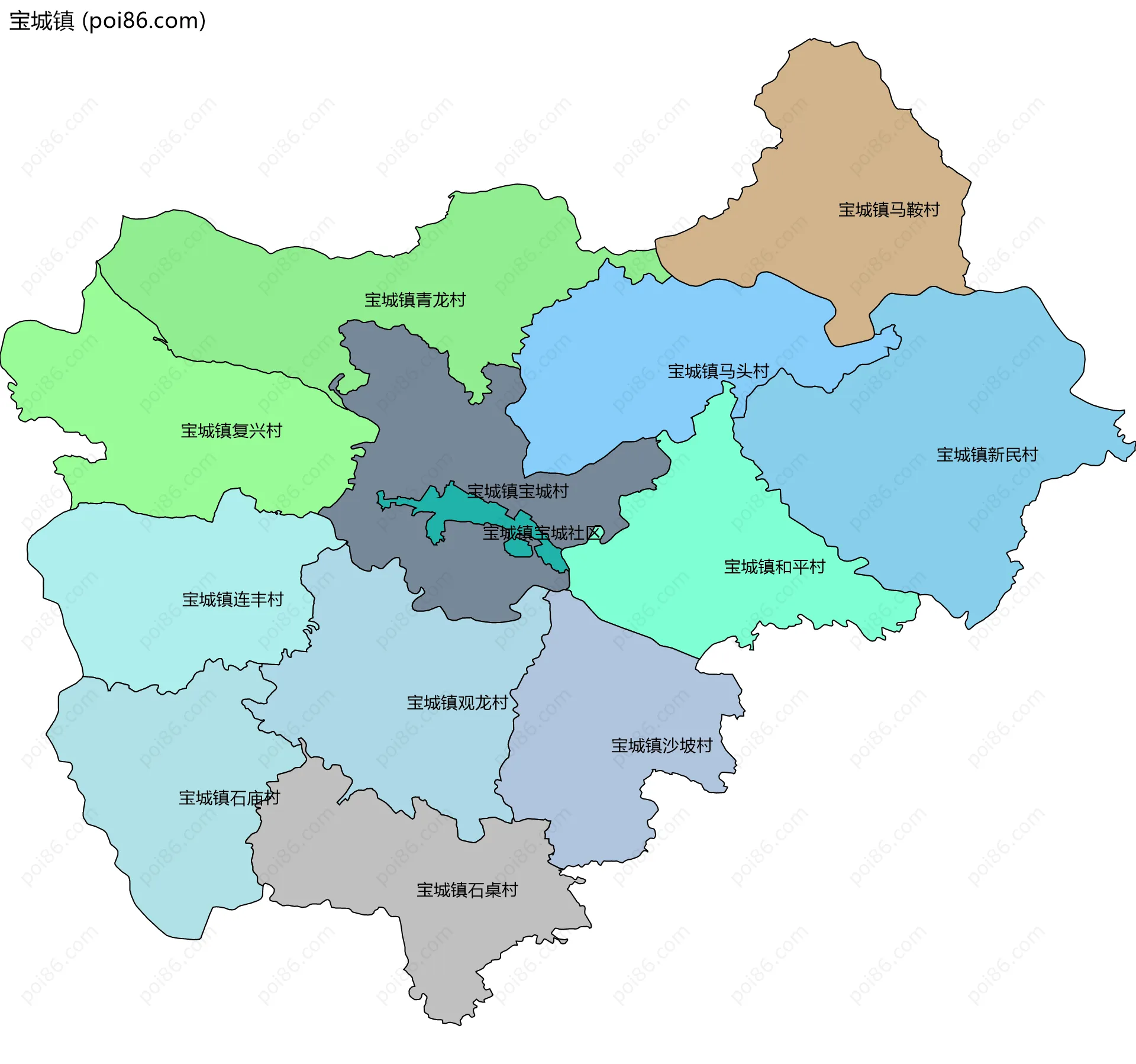宝城镇边界地图(五级行政区划)
