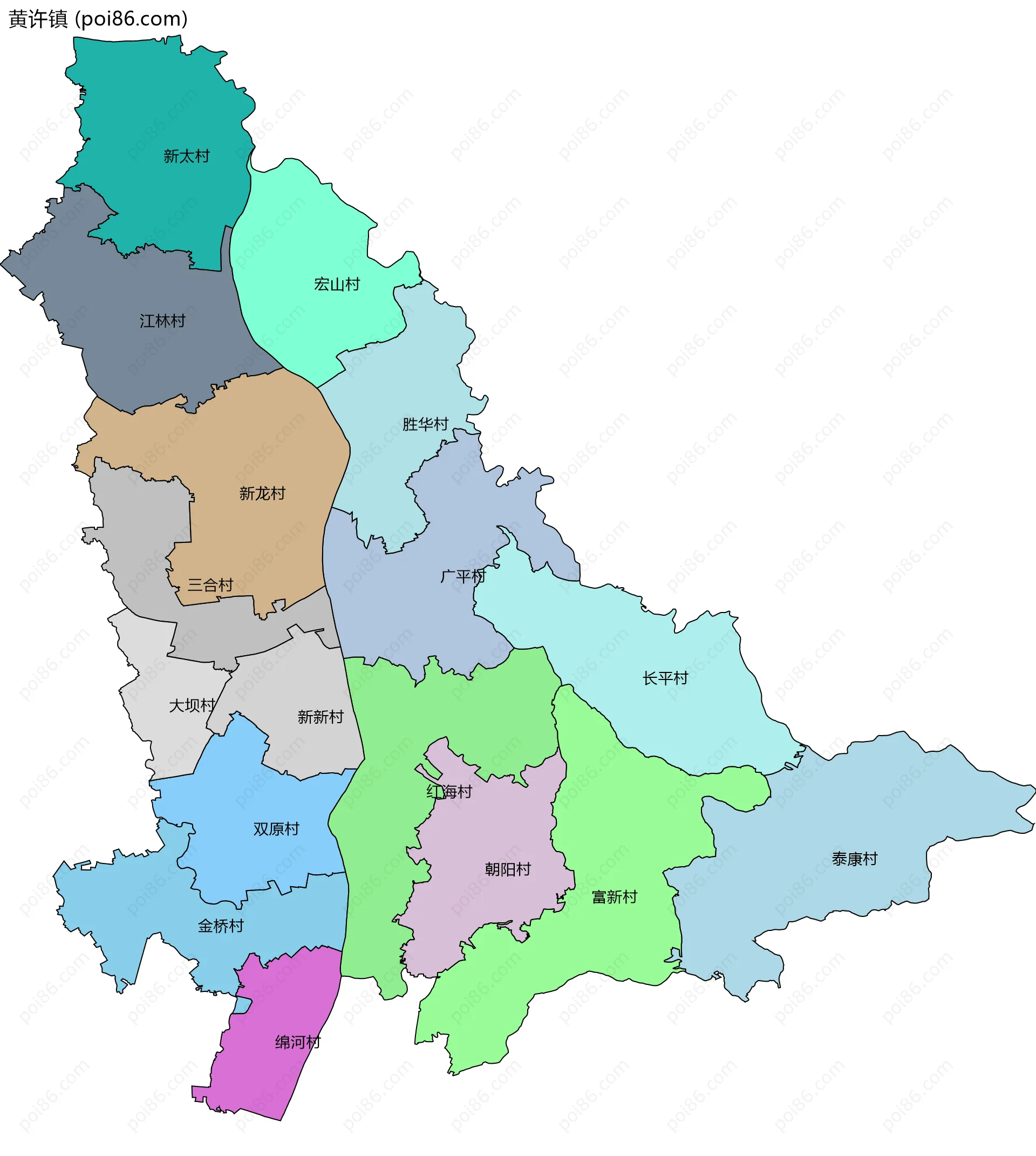 黄许镇边界地图(五级行政区划)