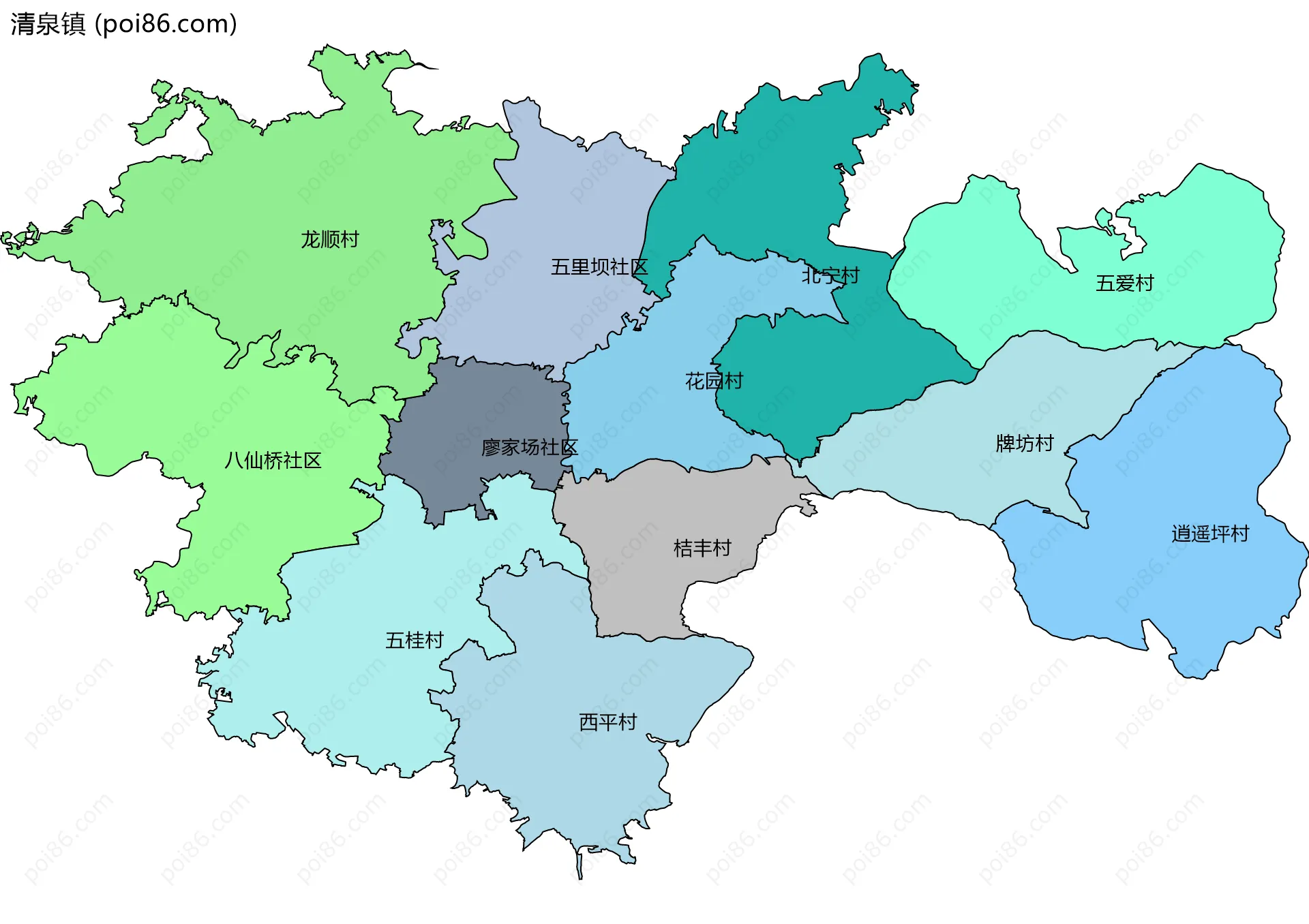 清泉镇边界地图(五级行政区划)