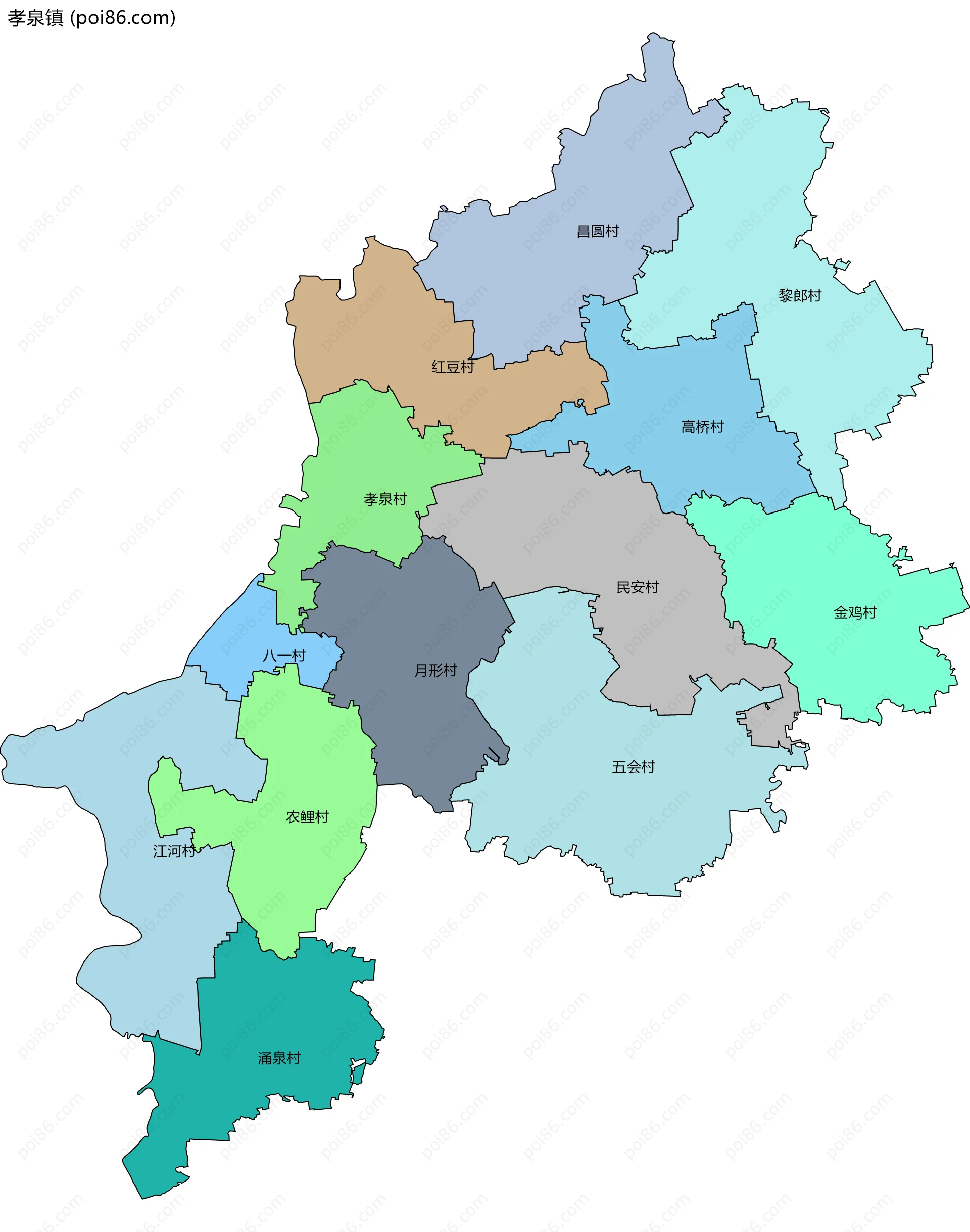 孝泉镇边界地图(五级行政区划)