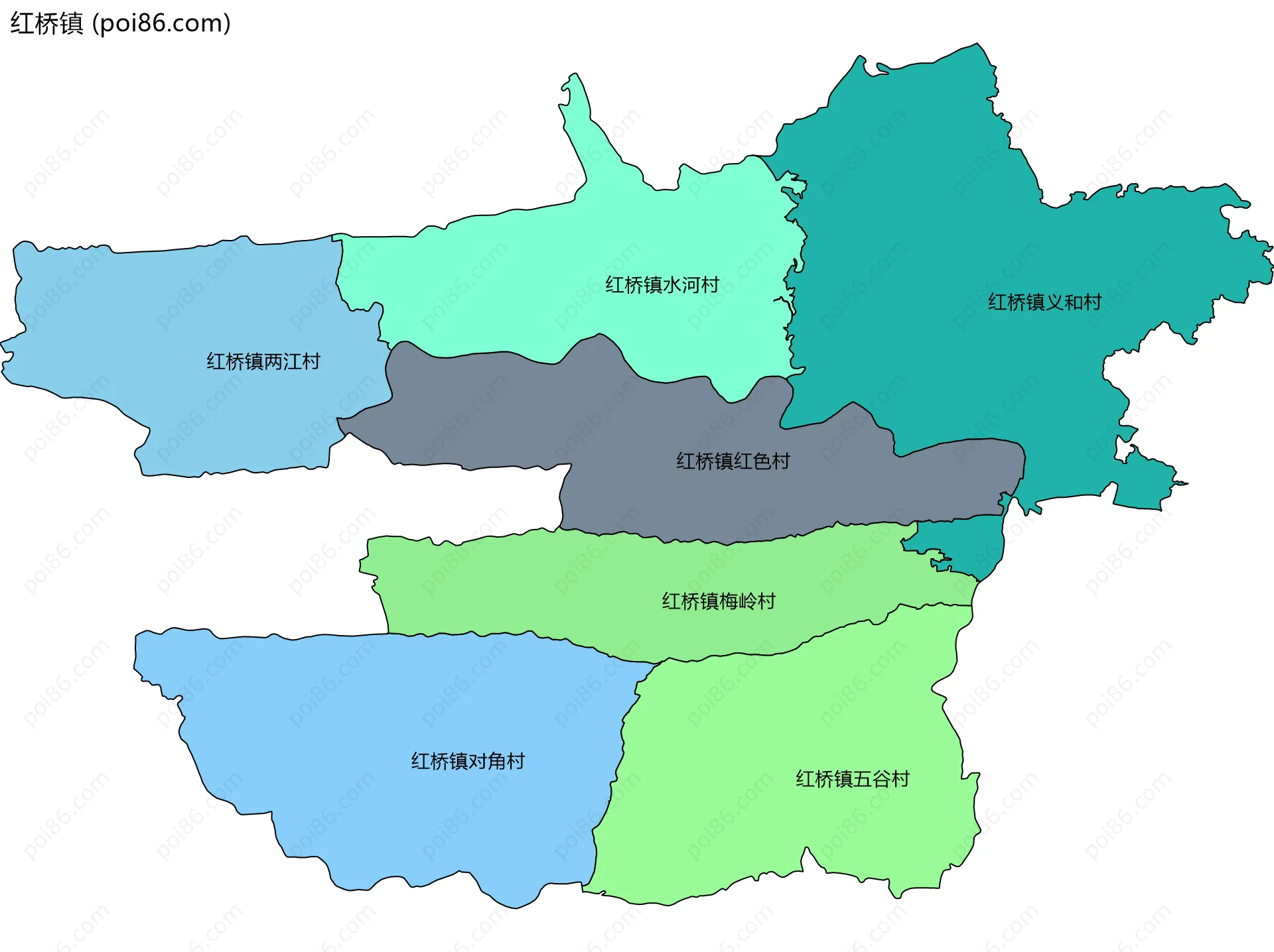 红桥镇边界地图(五级行政区划)