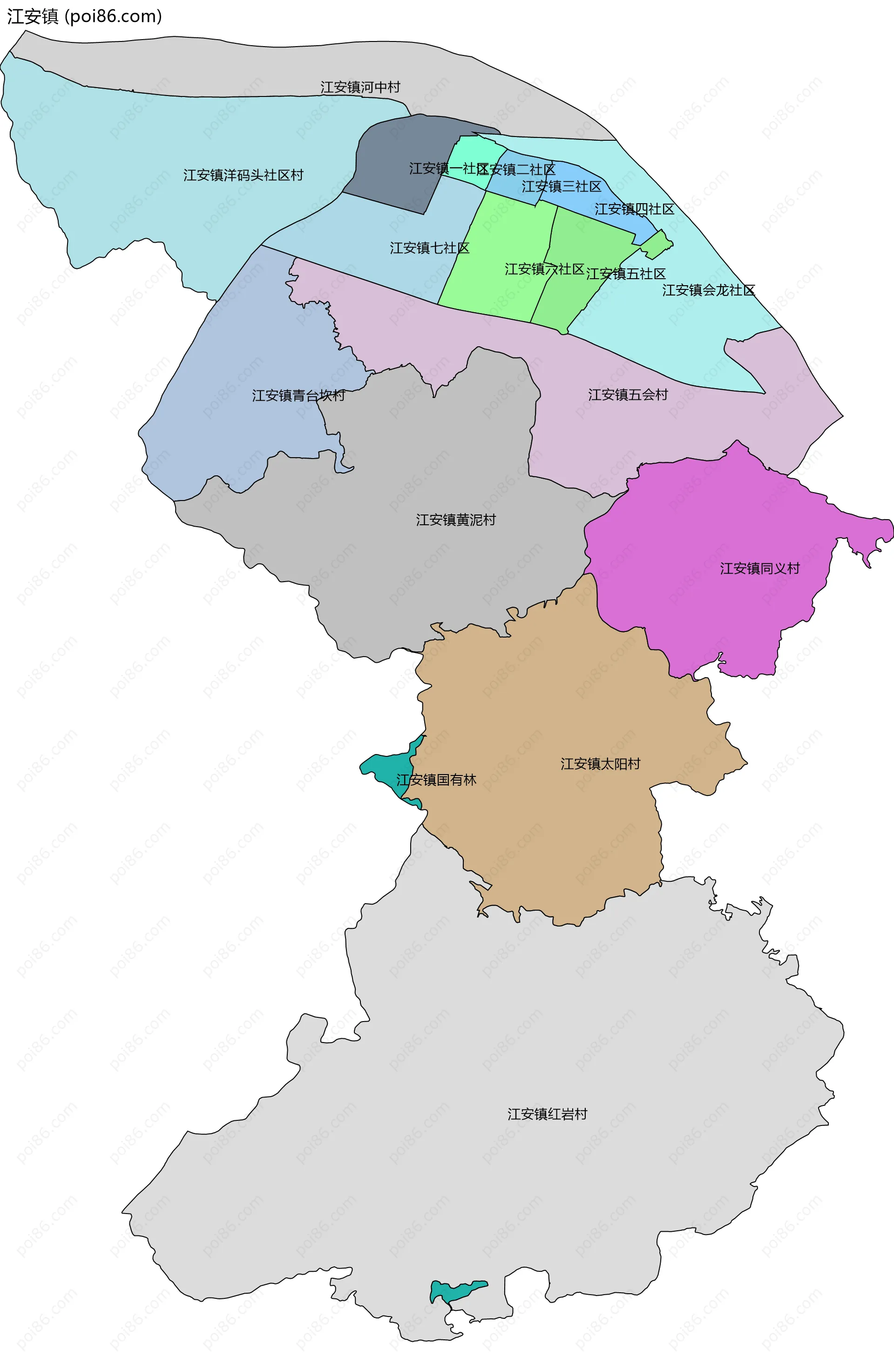 江安镇边界地图(五级行政区划)