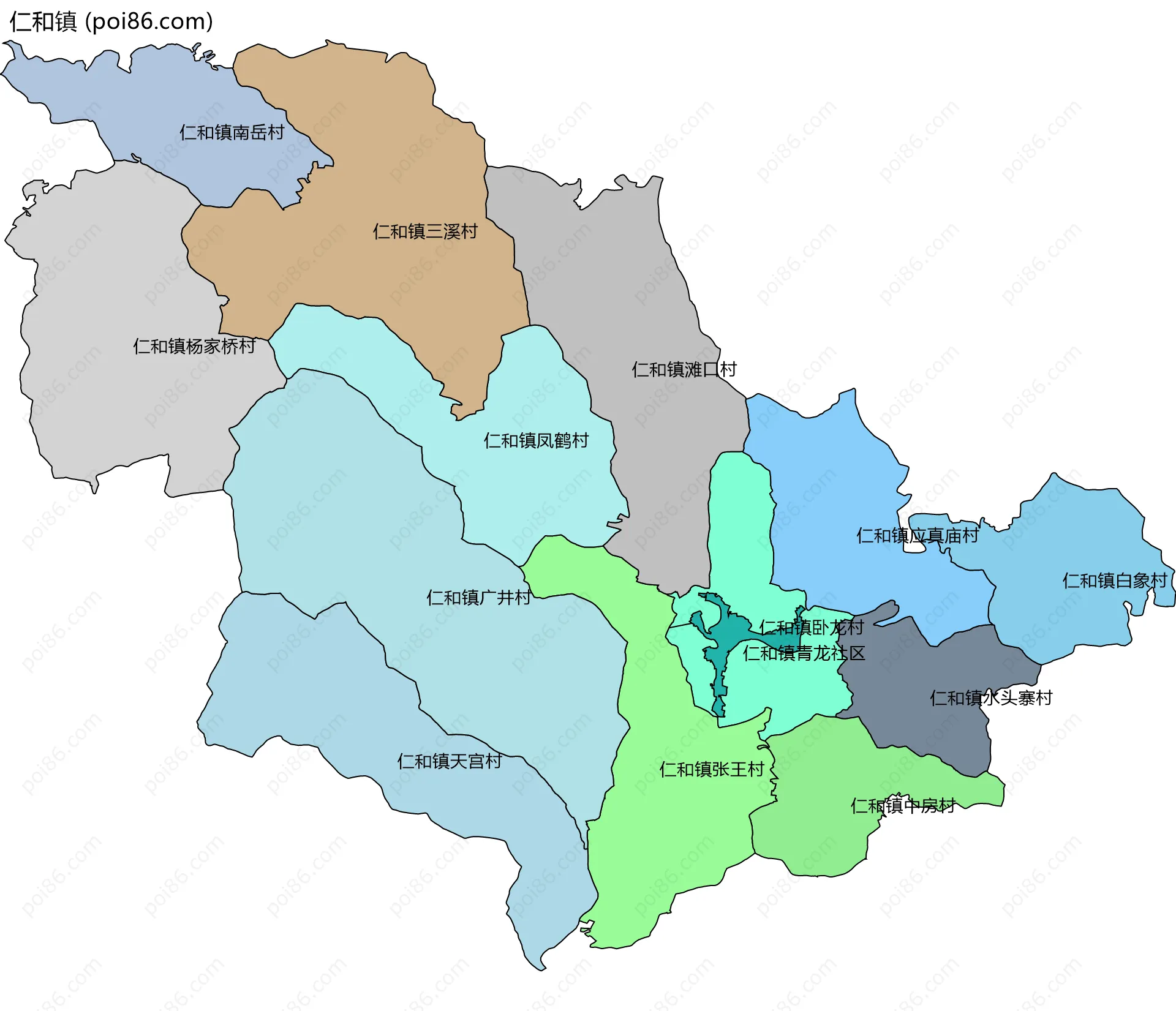 仁和镇边界地图(五级行政区划)