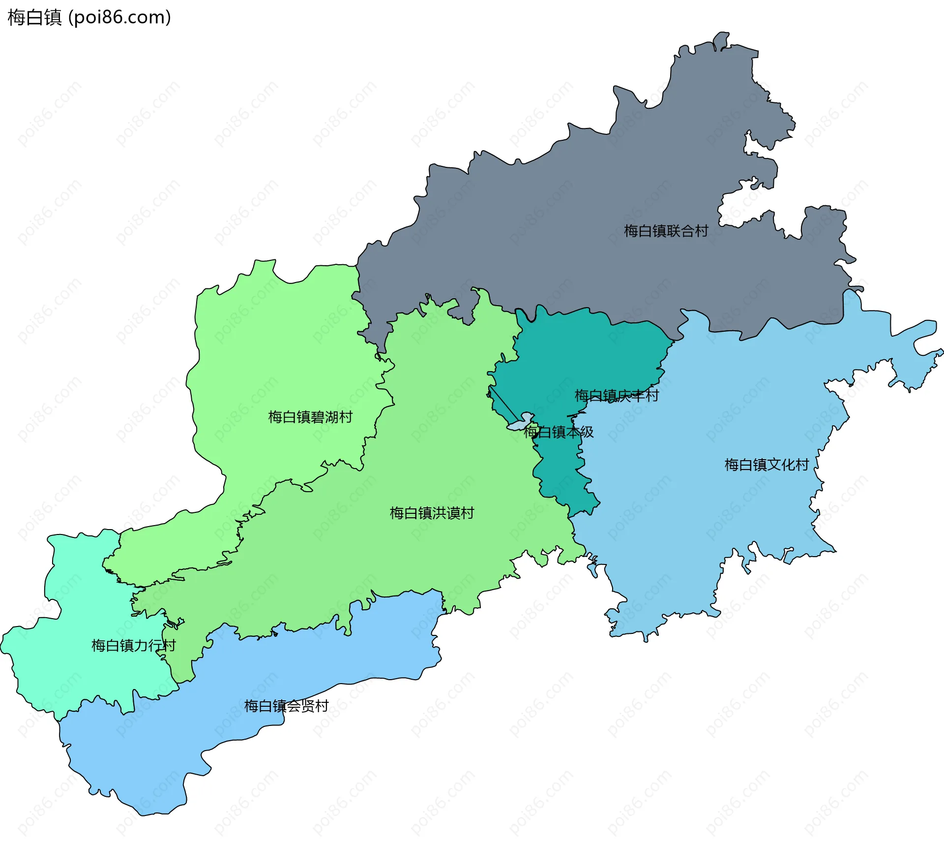 梅白镇边界地图(五级行政区划)