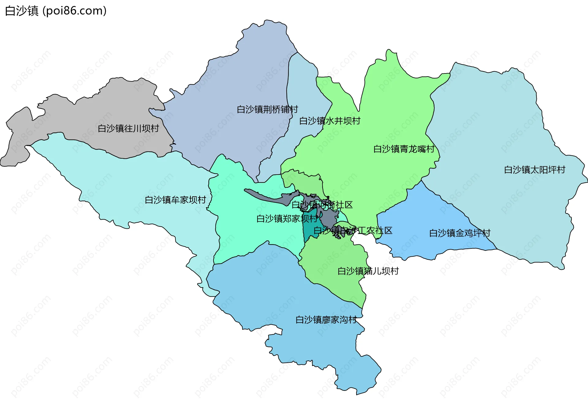 白沙镇边界地图(五级行政区划)