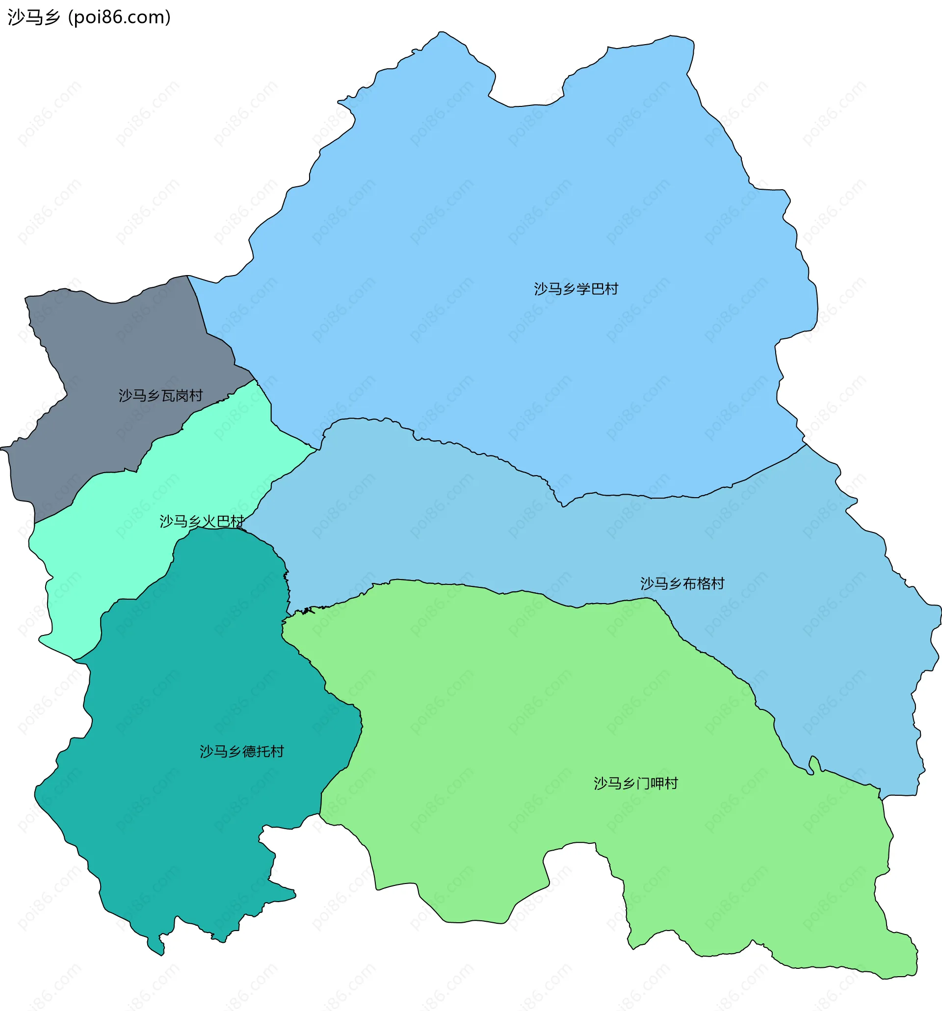 沙马乡边界地图(五级行政区划)