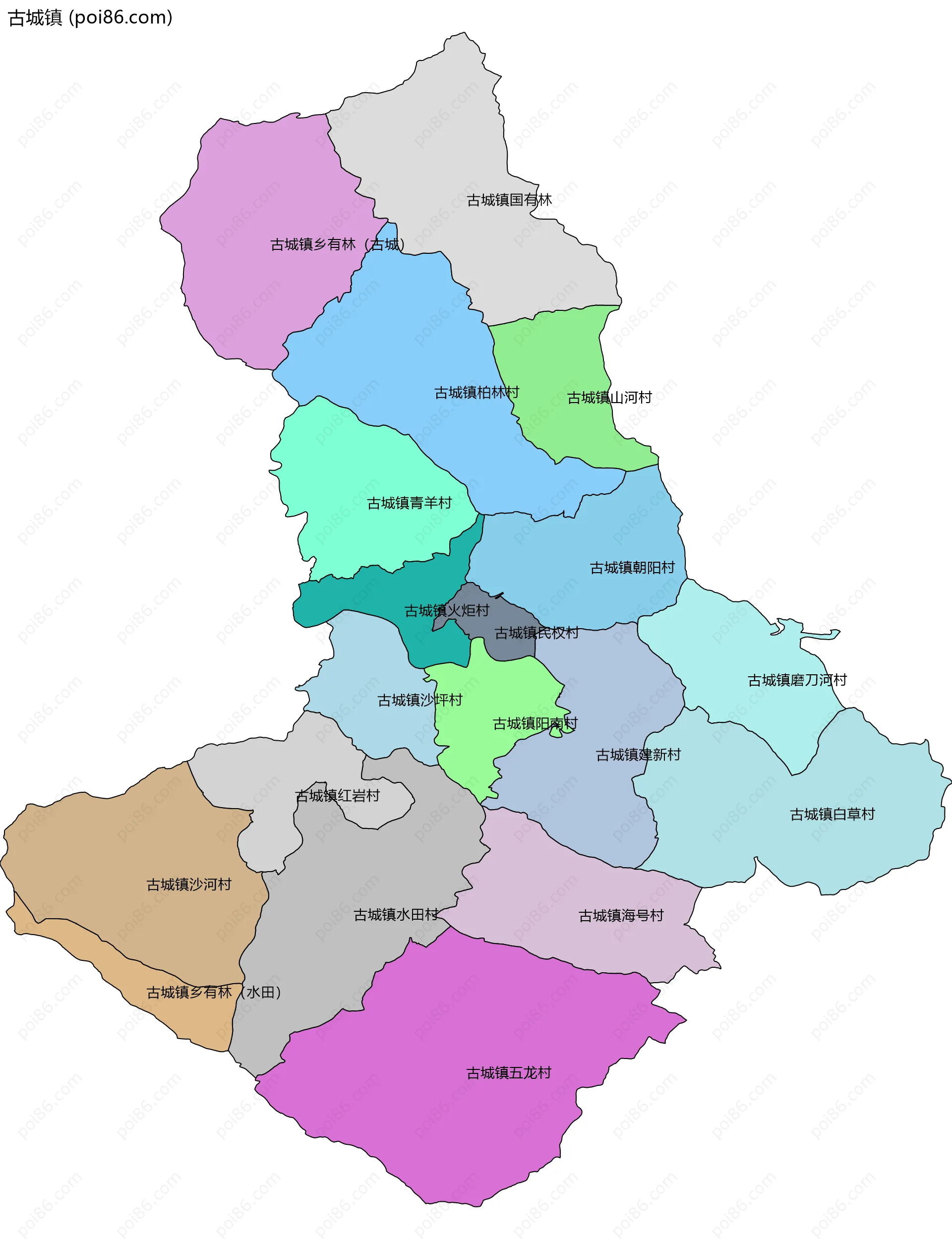 古城镇边界地图(五级行政区划)
