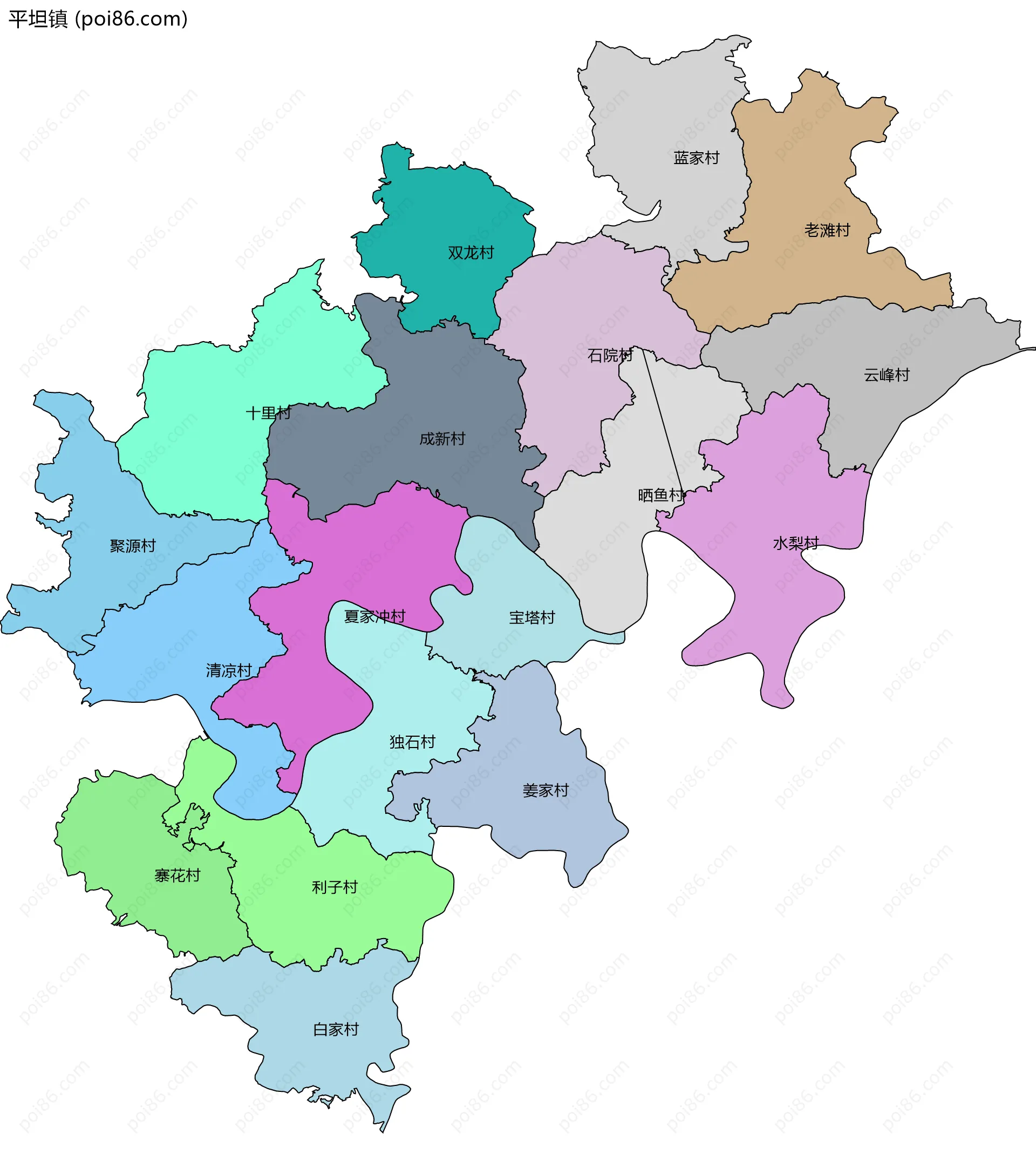 平坦镇边界地图(五级行政区划)