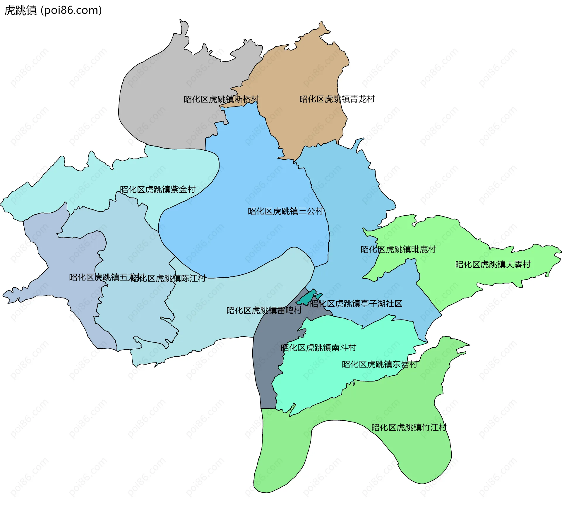 虎跳镇边界地图(五级行政区划)