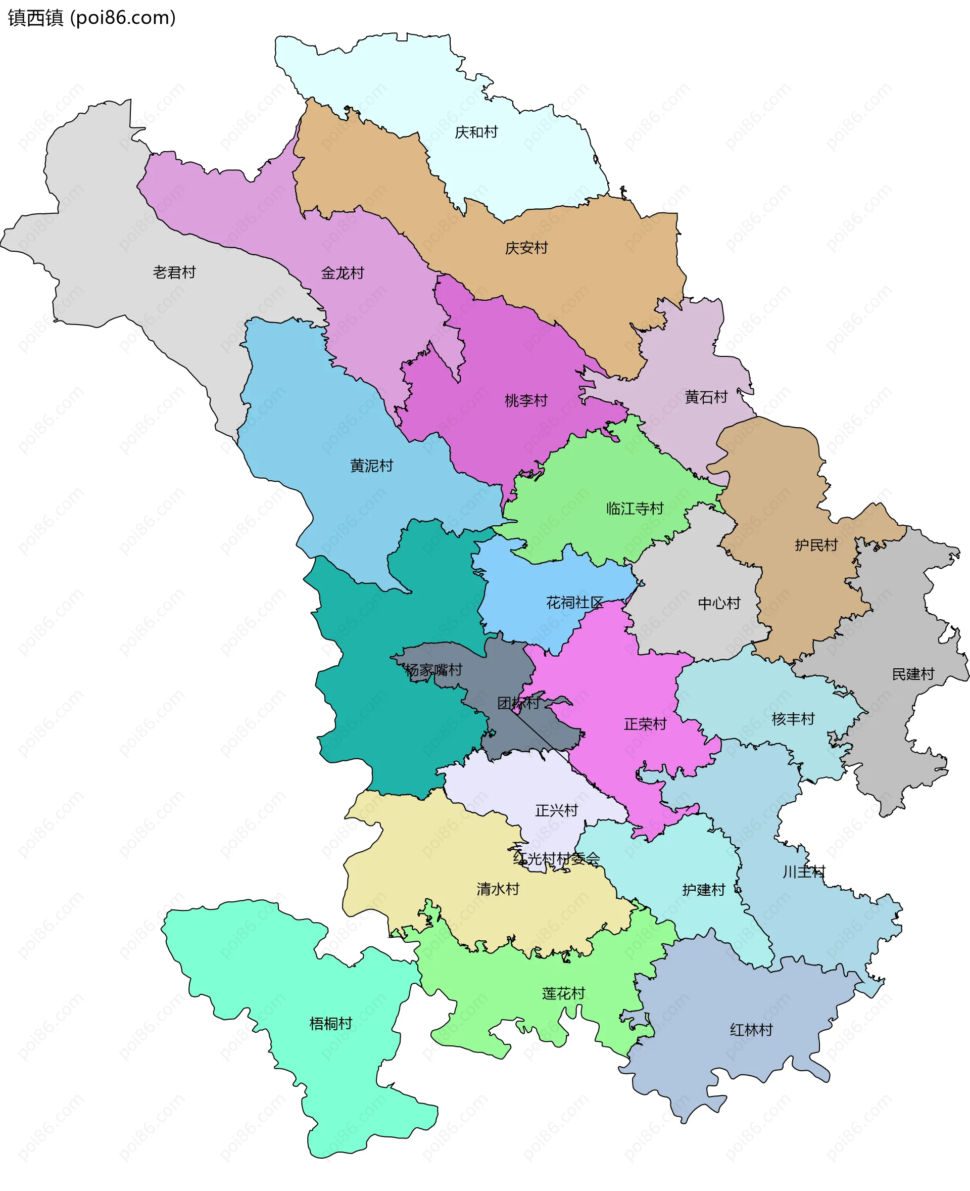 镇西镇边界地图(五级行政区划)