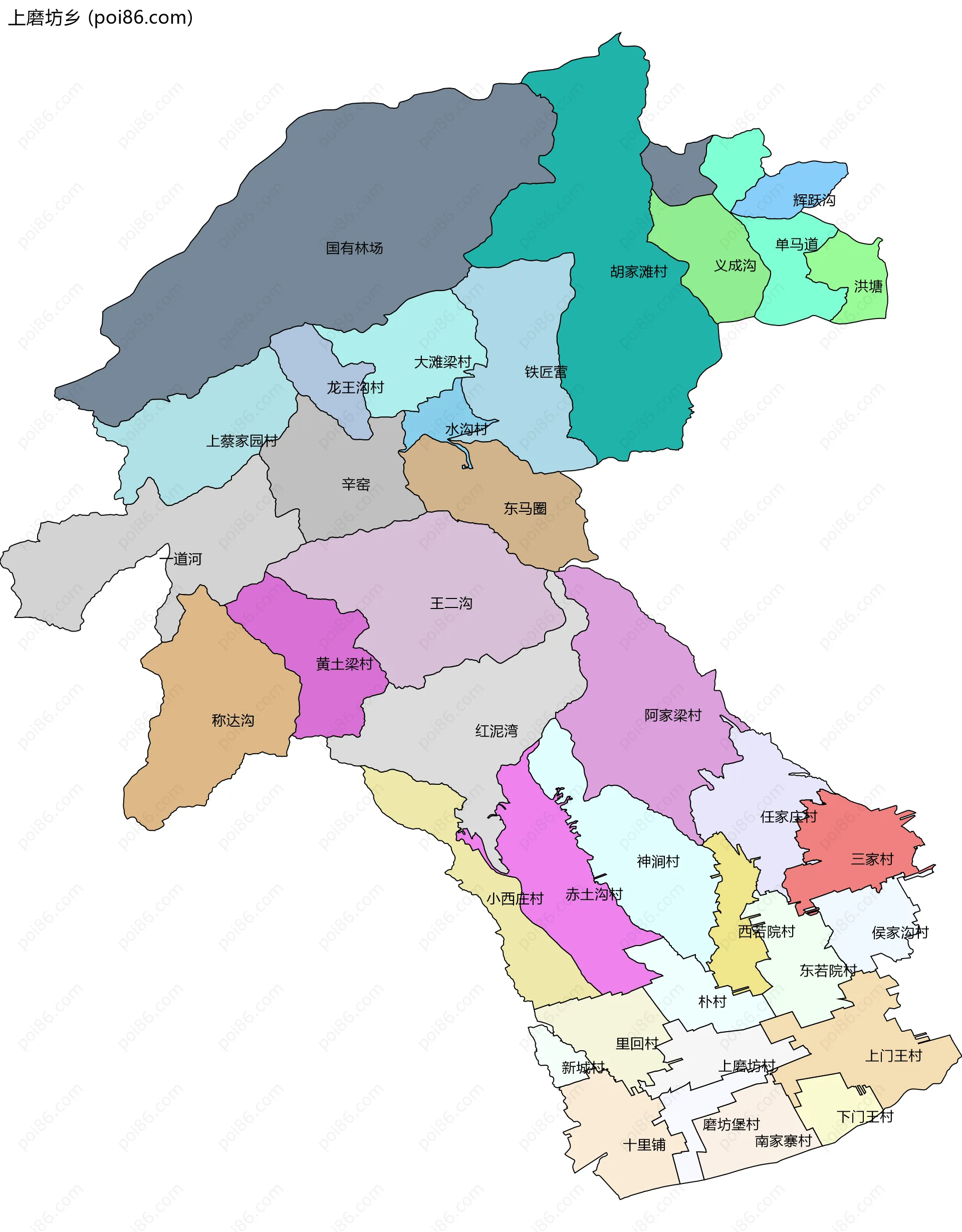 上磨坊乡边界地图(五级行政区划)