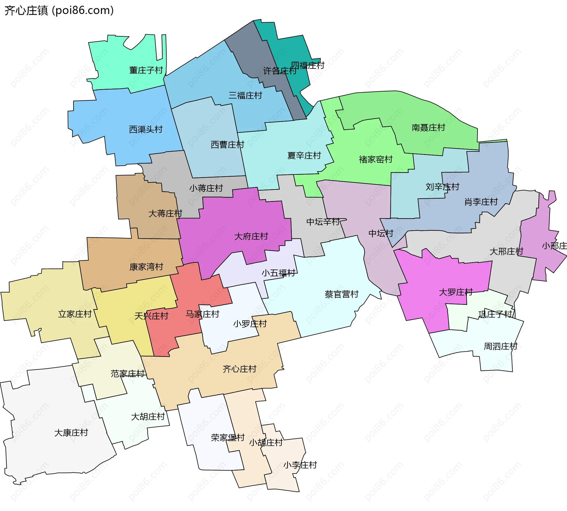 齐心庄镇边界地图(五级行政区划)