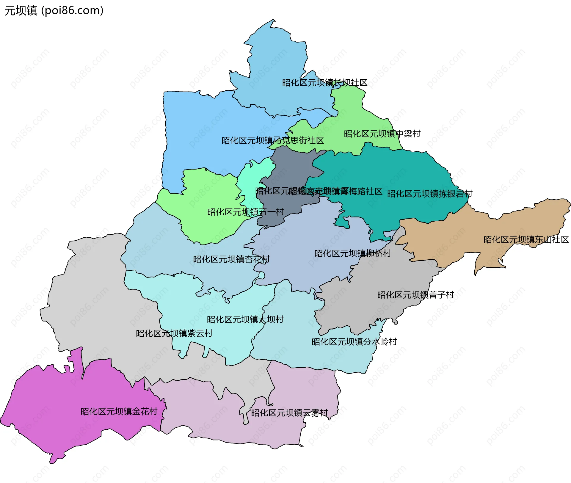 元坝镇边界地图(五级行政区划)