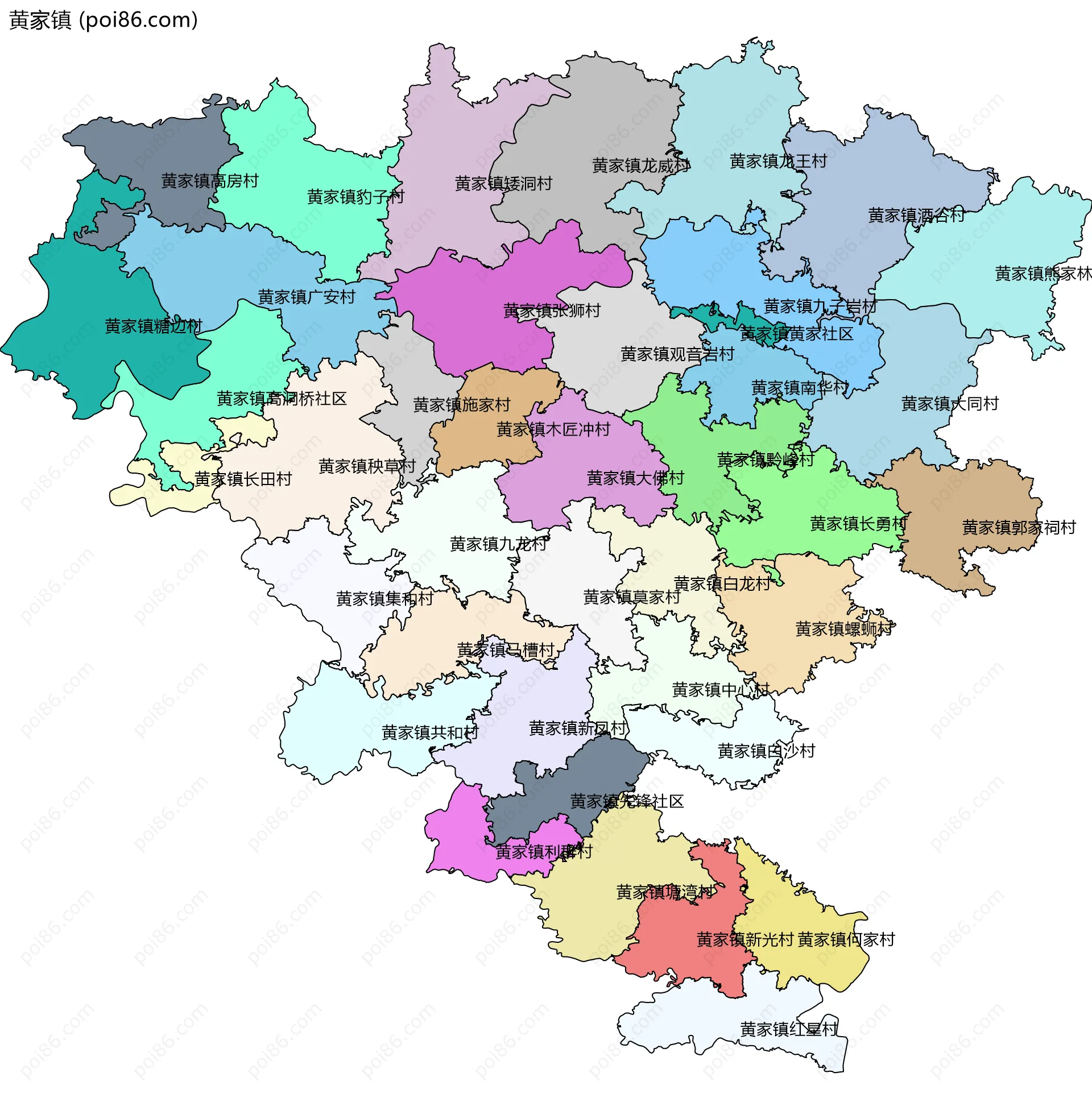 黄家镇边界地图(五级行政区划)