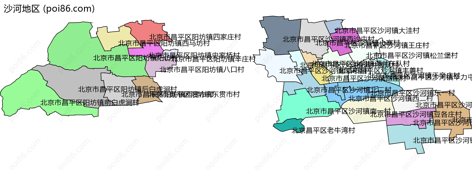 沙河地区边界地图(五级行政区划)