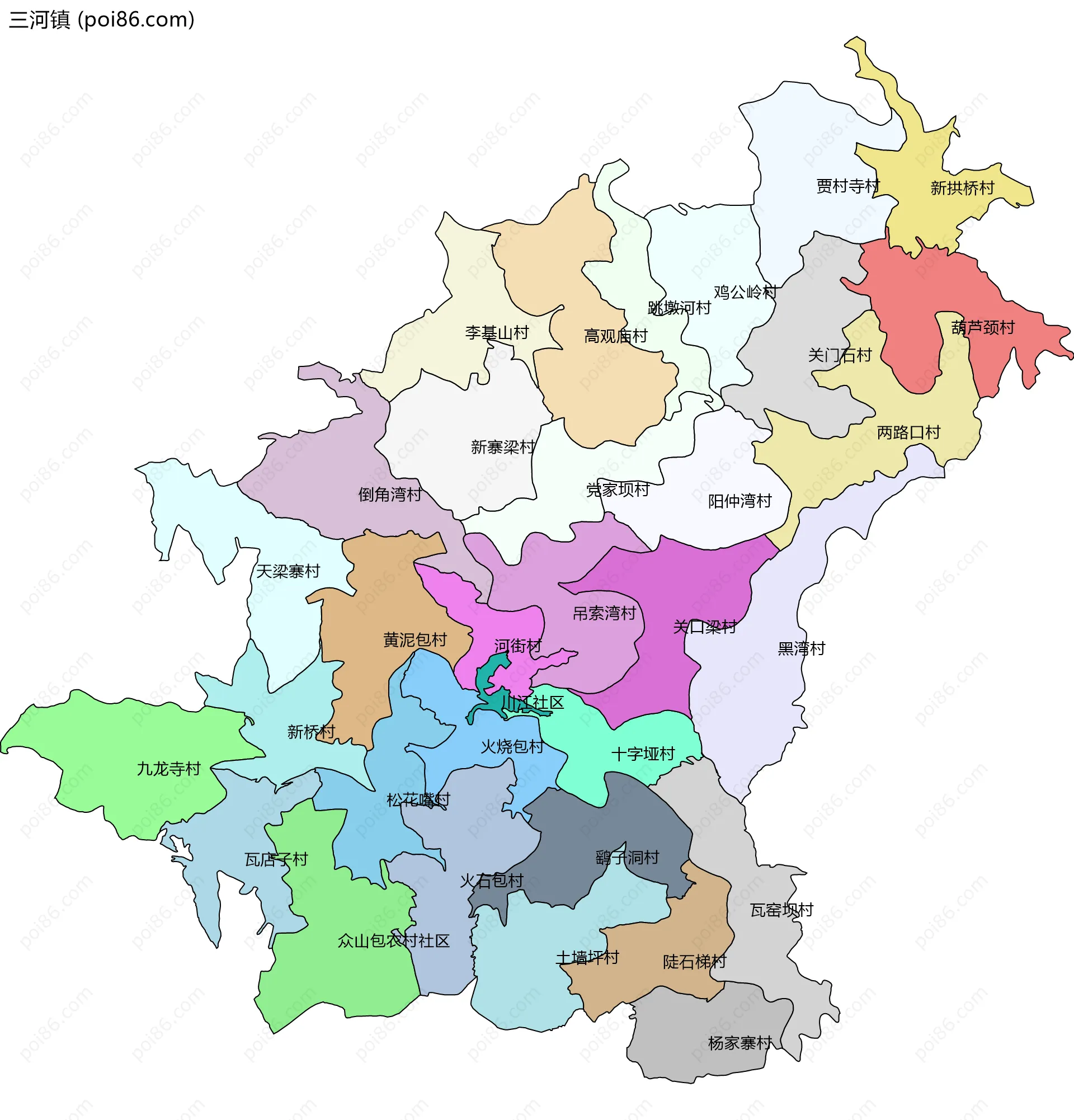 三河镇边界地图(五级行政区划)