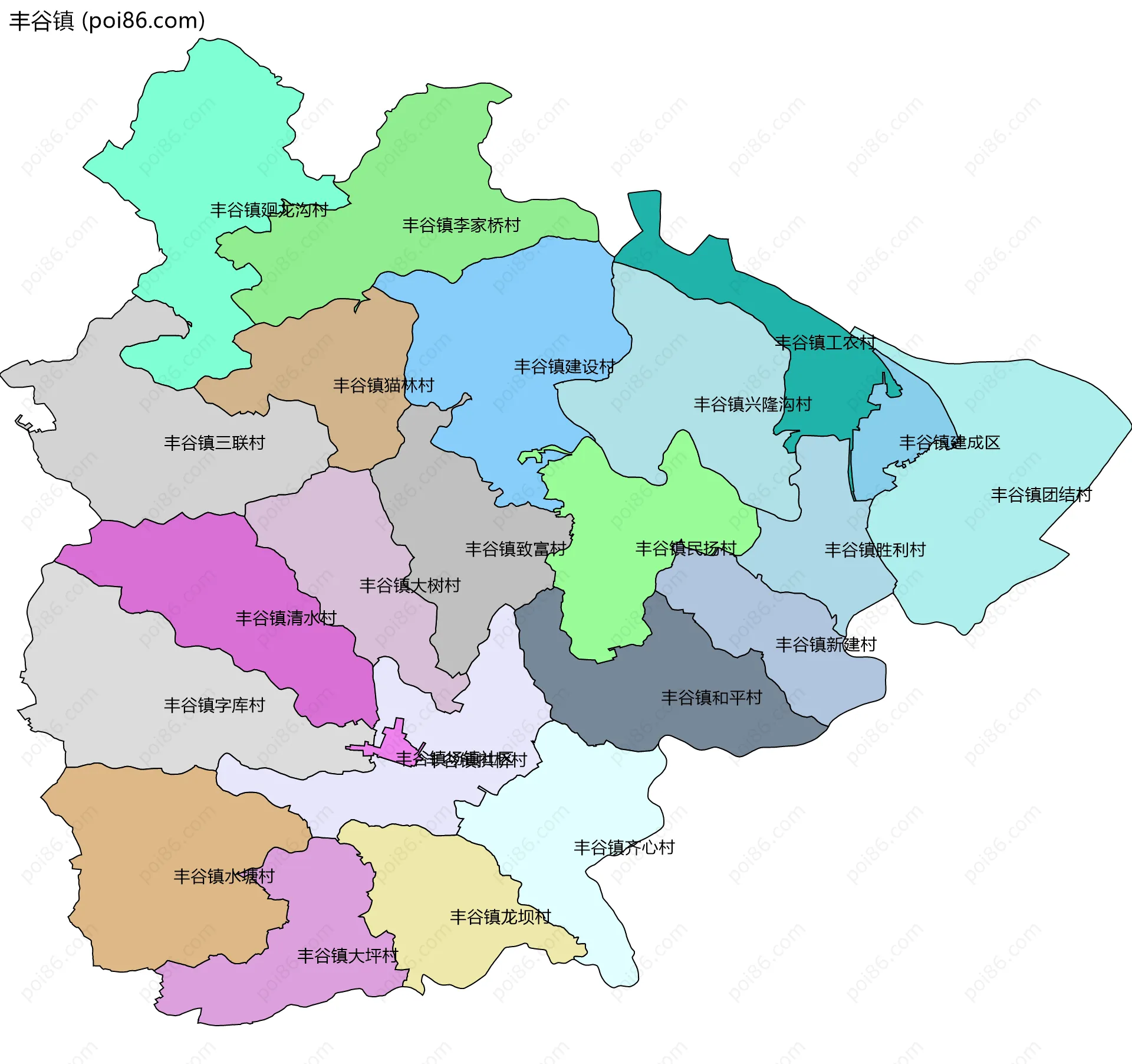 丰谷镇边界地图(五级行政区划)