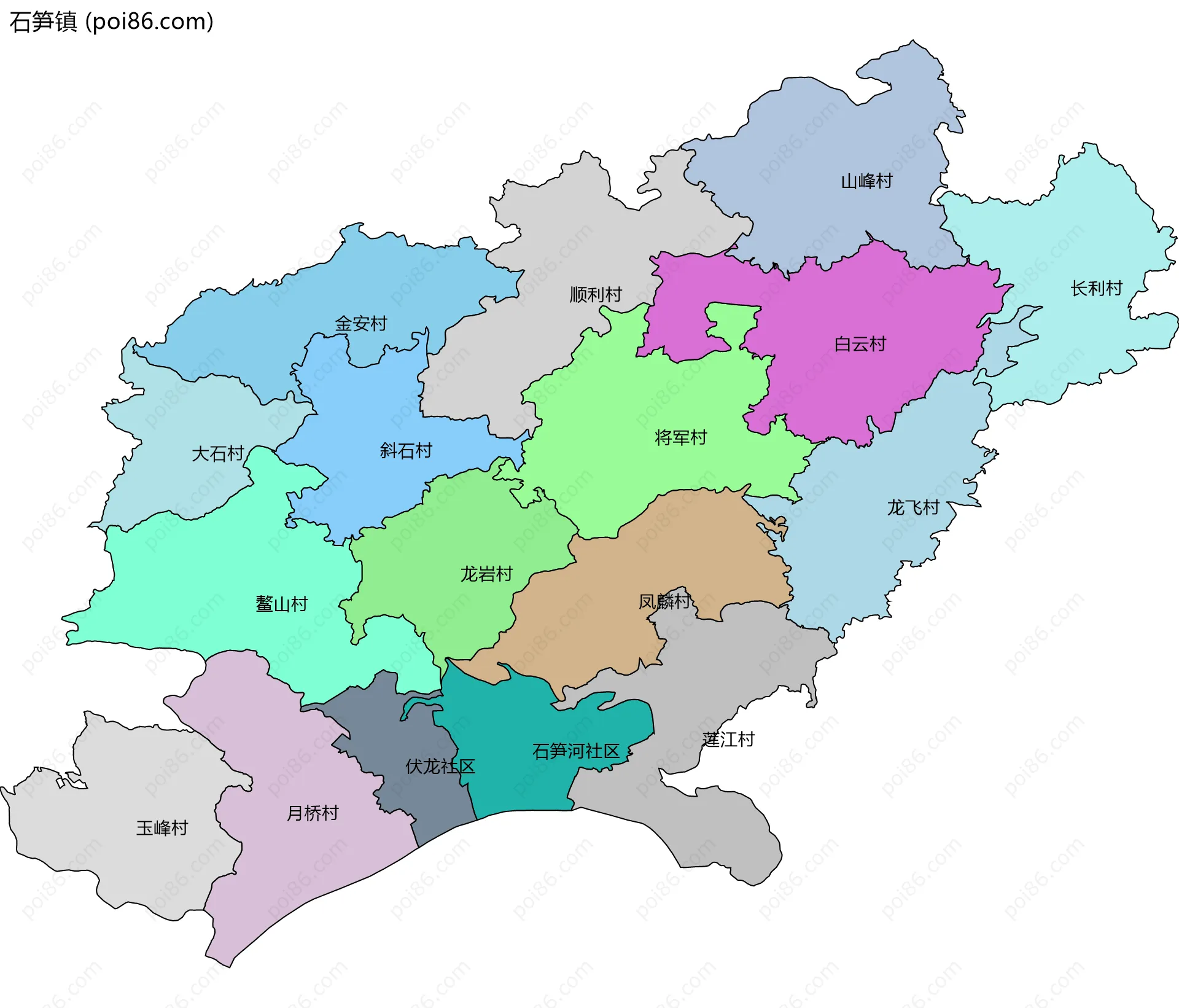 石笋镇边界地图(五级行政区划)