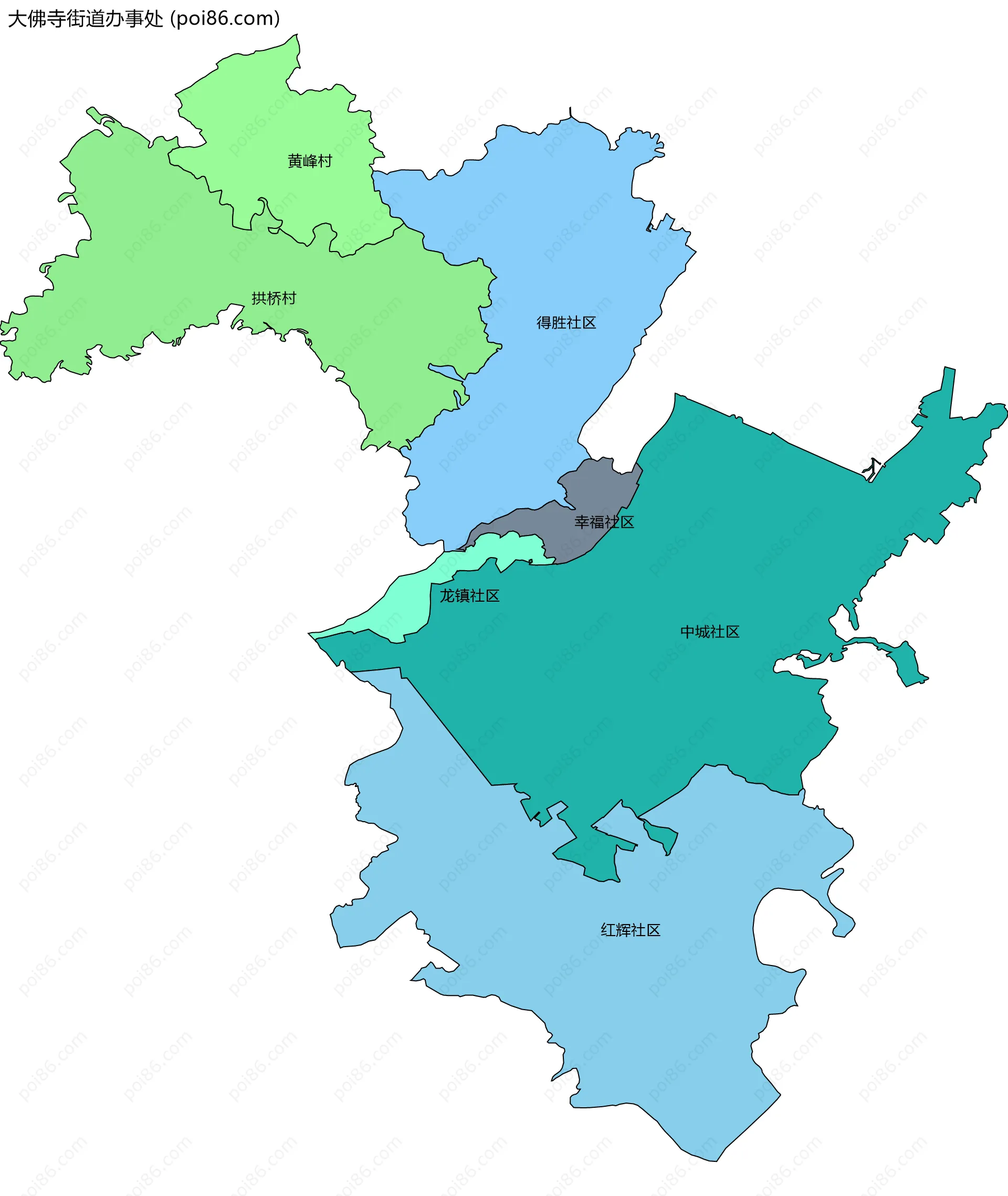 大佛寺街道办事处边界地图(五级行政区划)