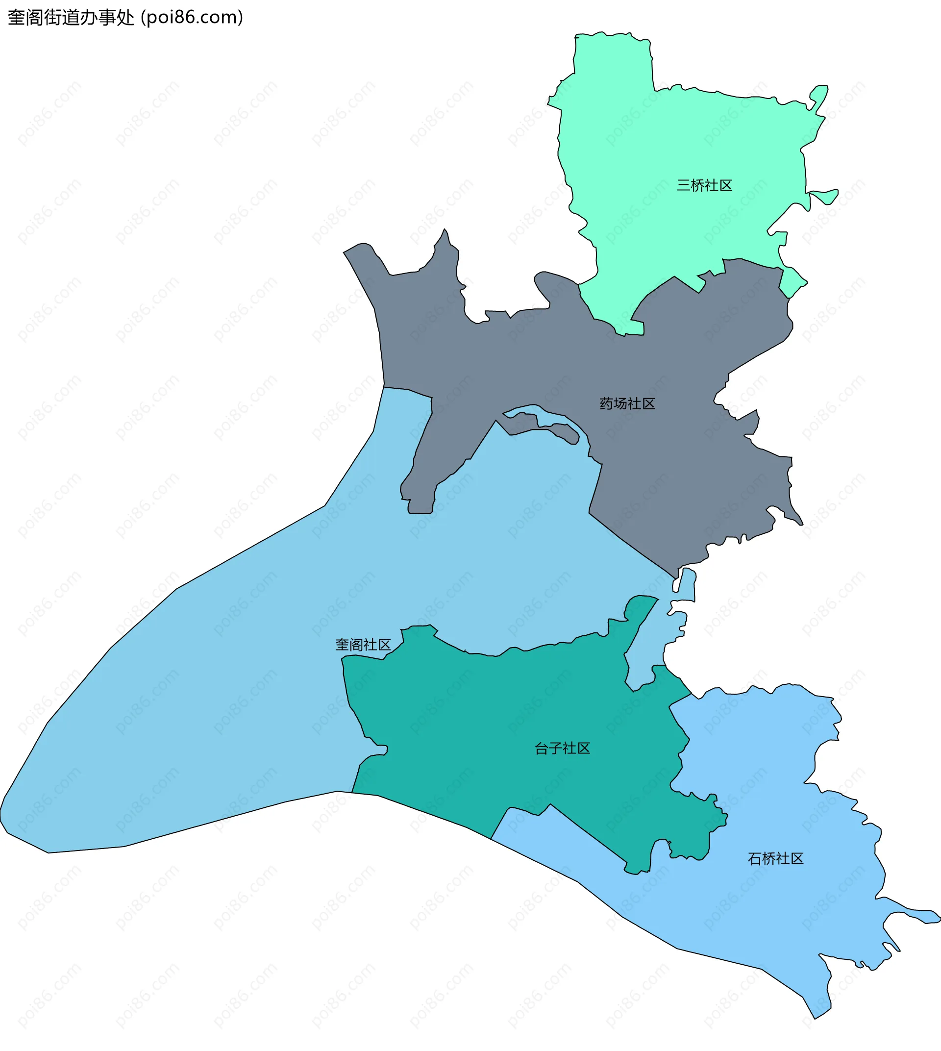 奎阁街道办事处边界地图(五级行政区划)