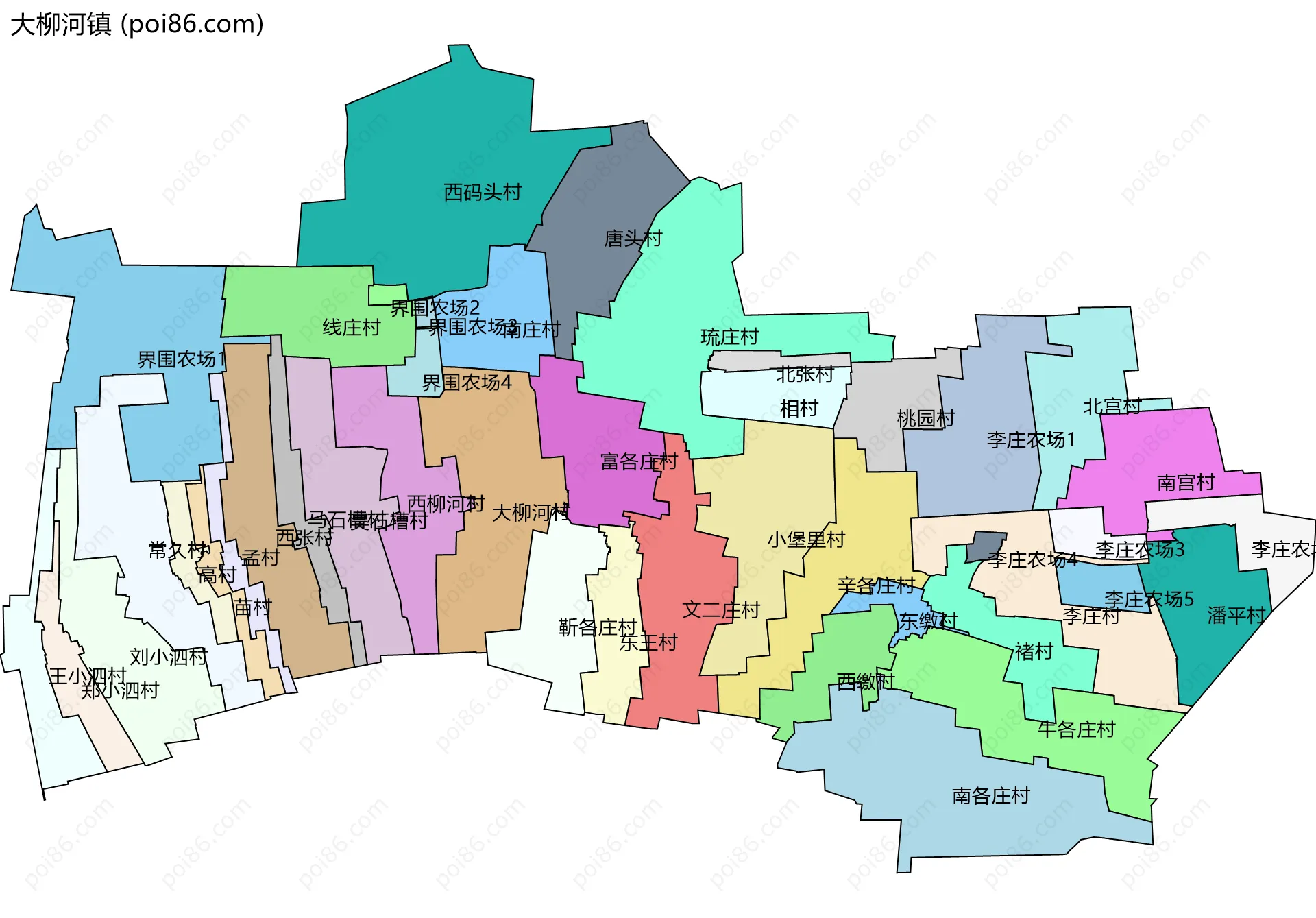 大柳河镇边界地图(五级行政区划)
