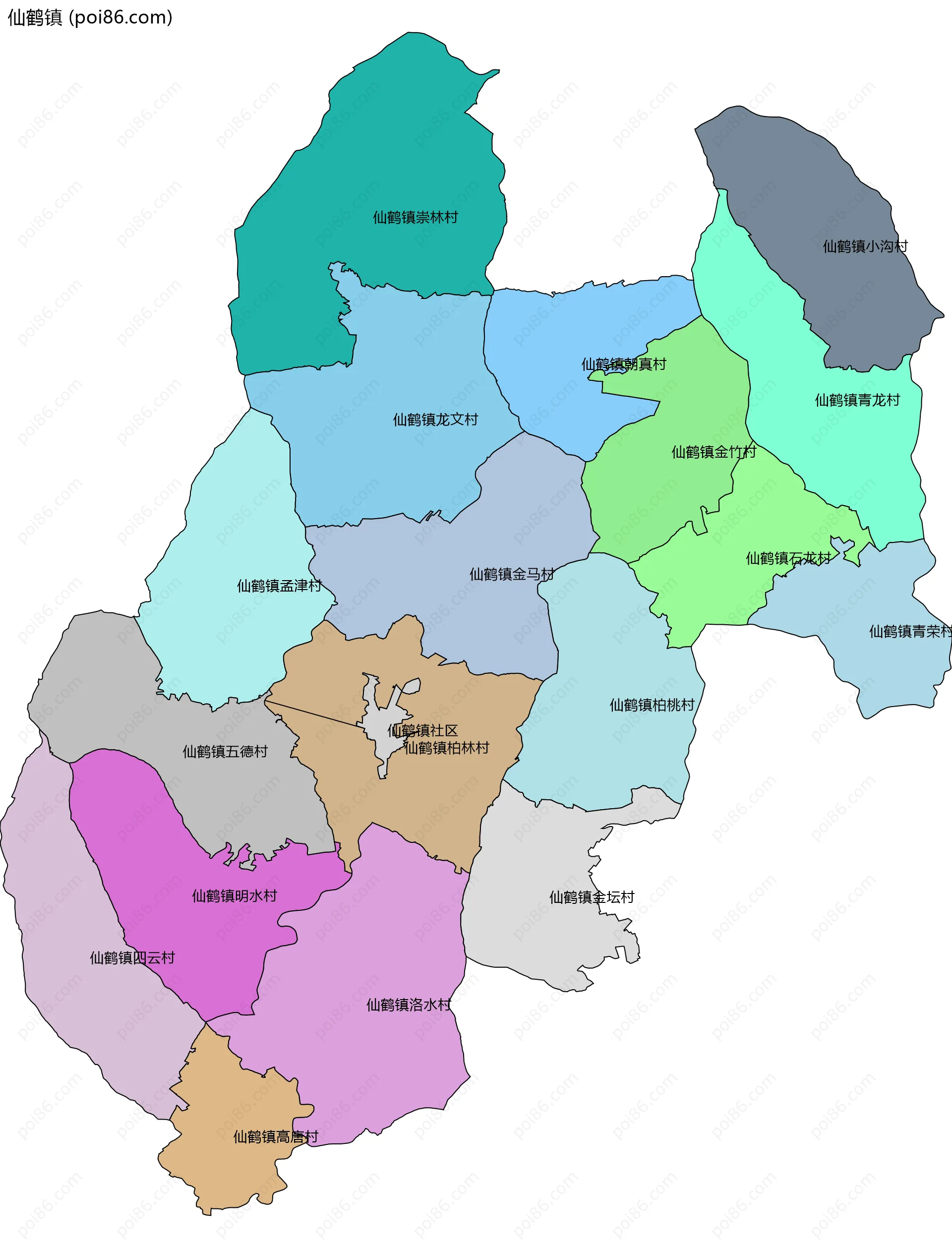 仙鹤镇边界地图(五级行政区划)