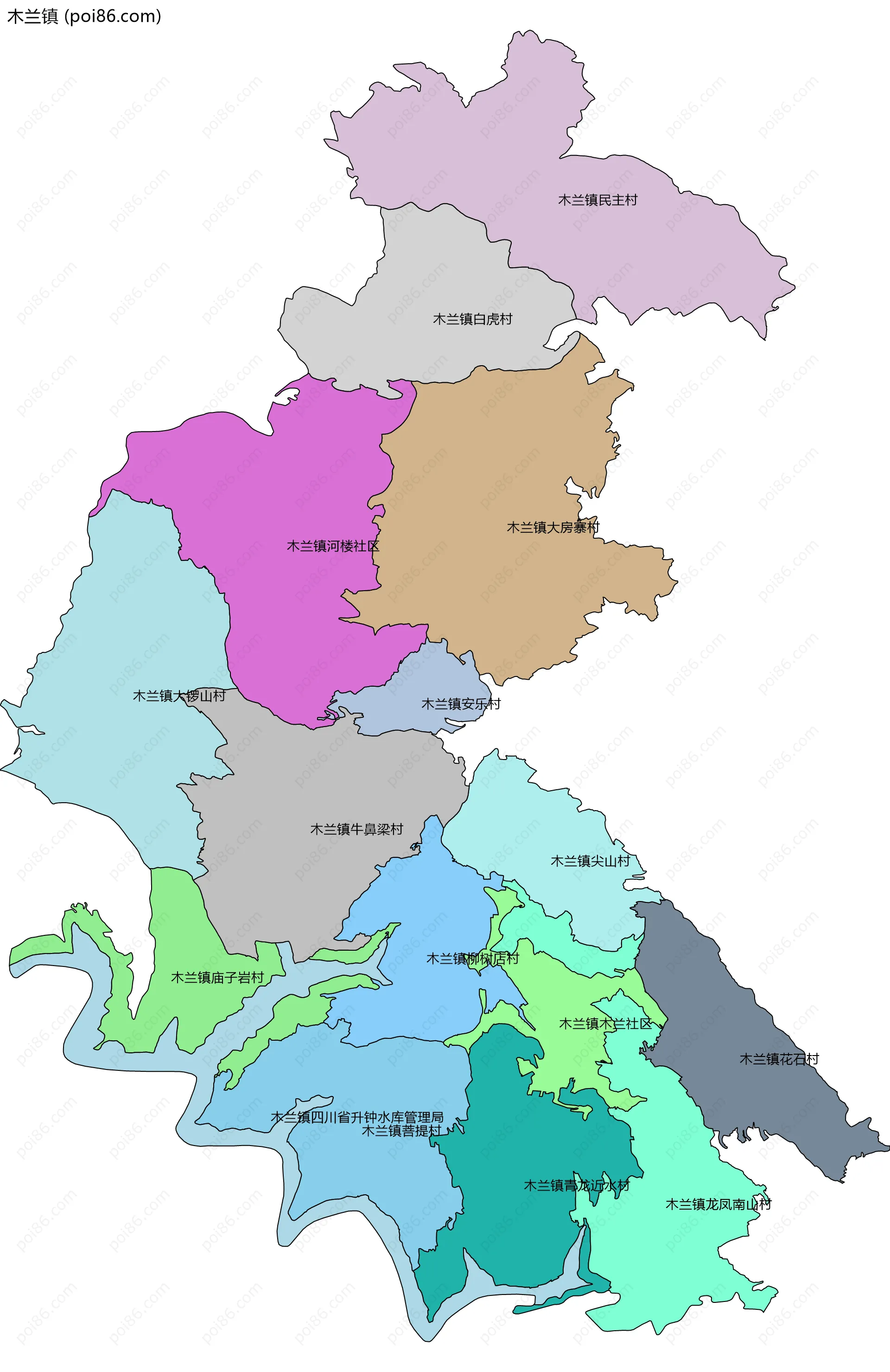 木兰镇边界地图(五级行政区划)