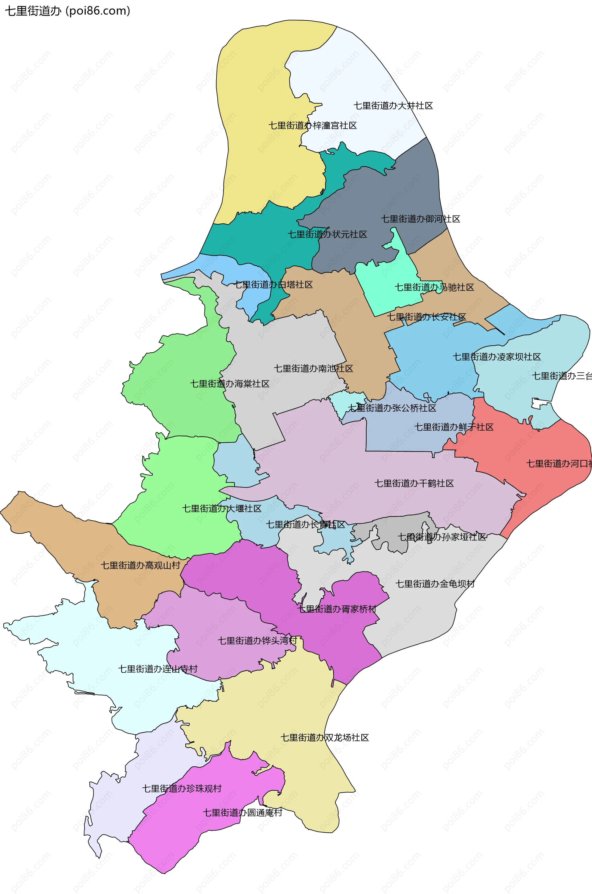 七里街道办边界地图(五级行政区划)