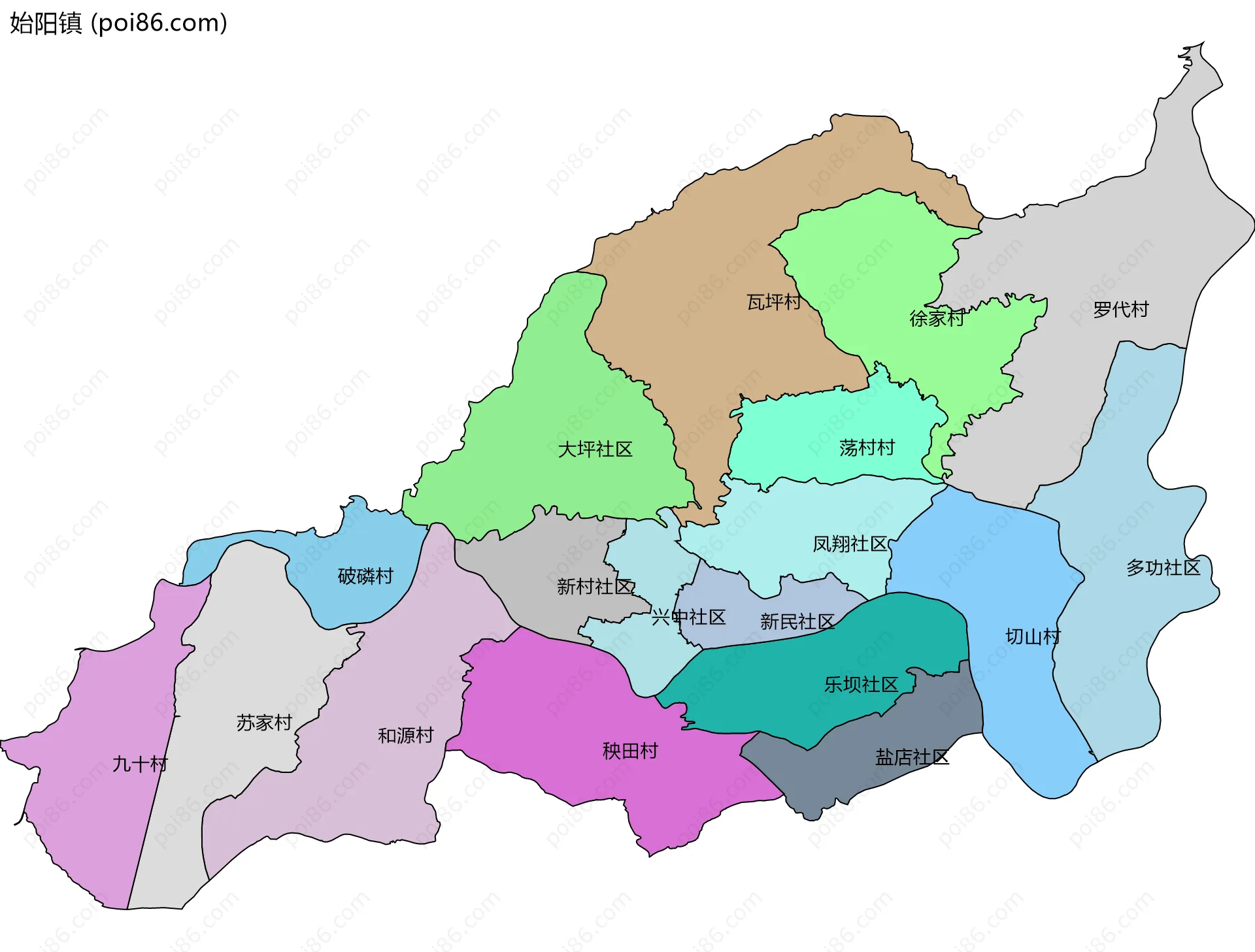 始阳镇边界地图(五级行政区划)