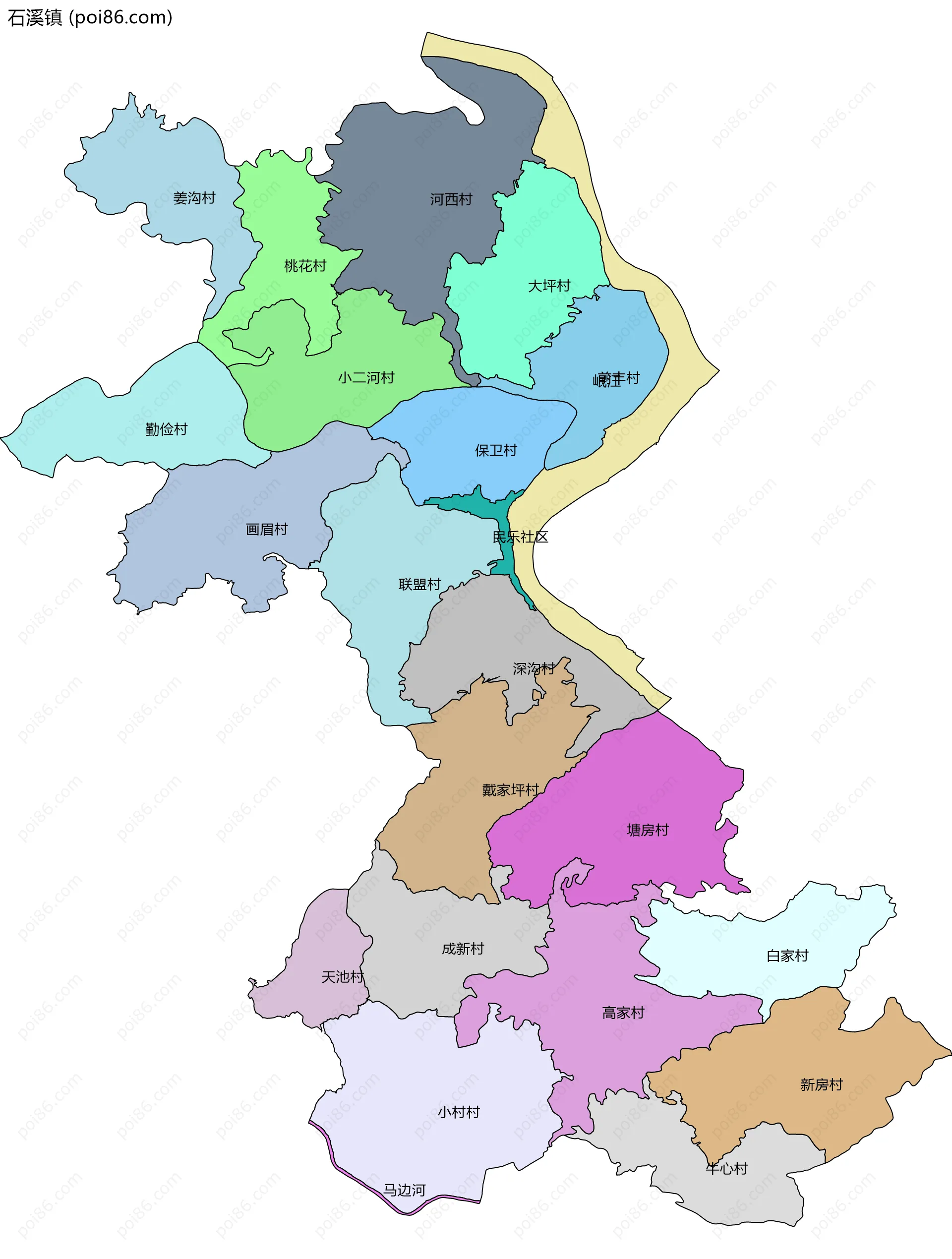 石溪镇边界地图(五级行政区划)