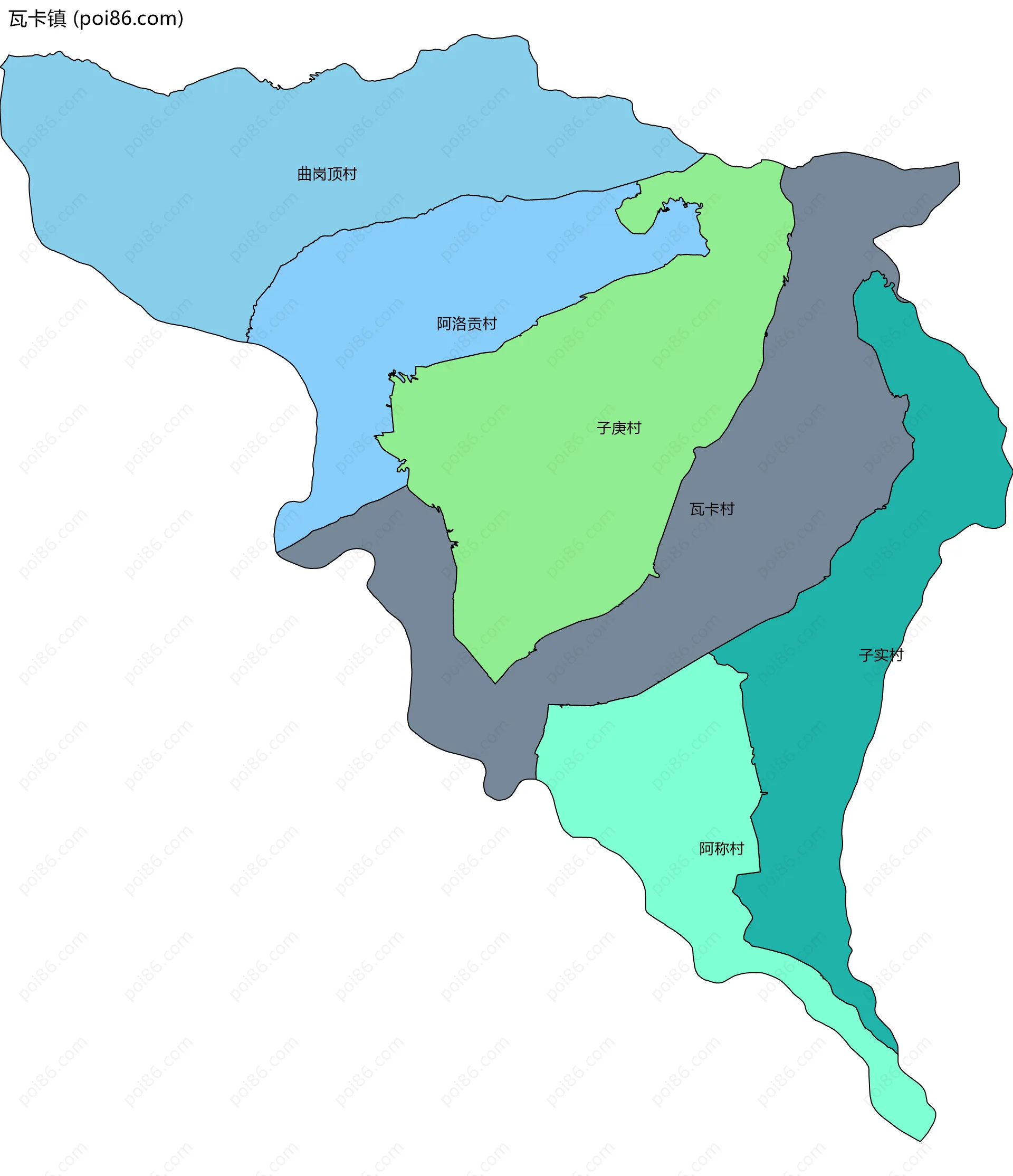 瓦卡镇边界地图(五级行政区划)