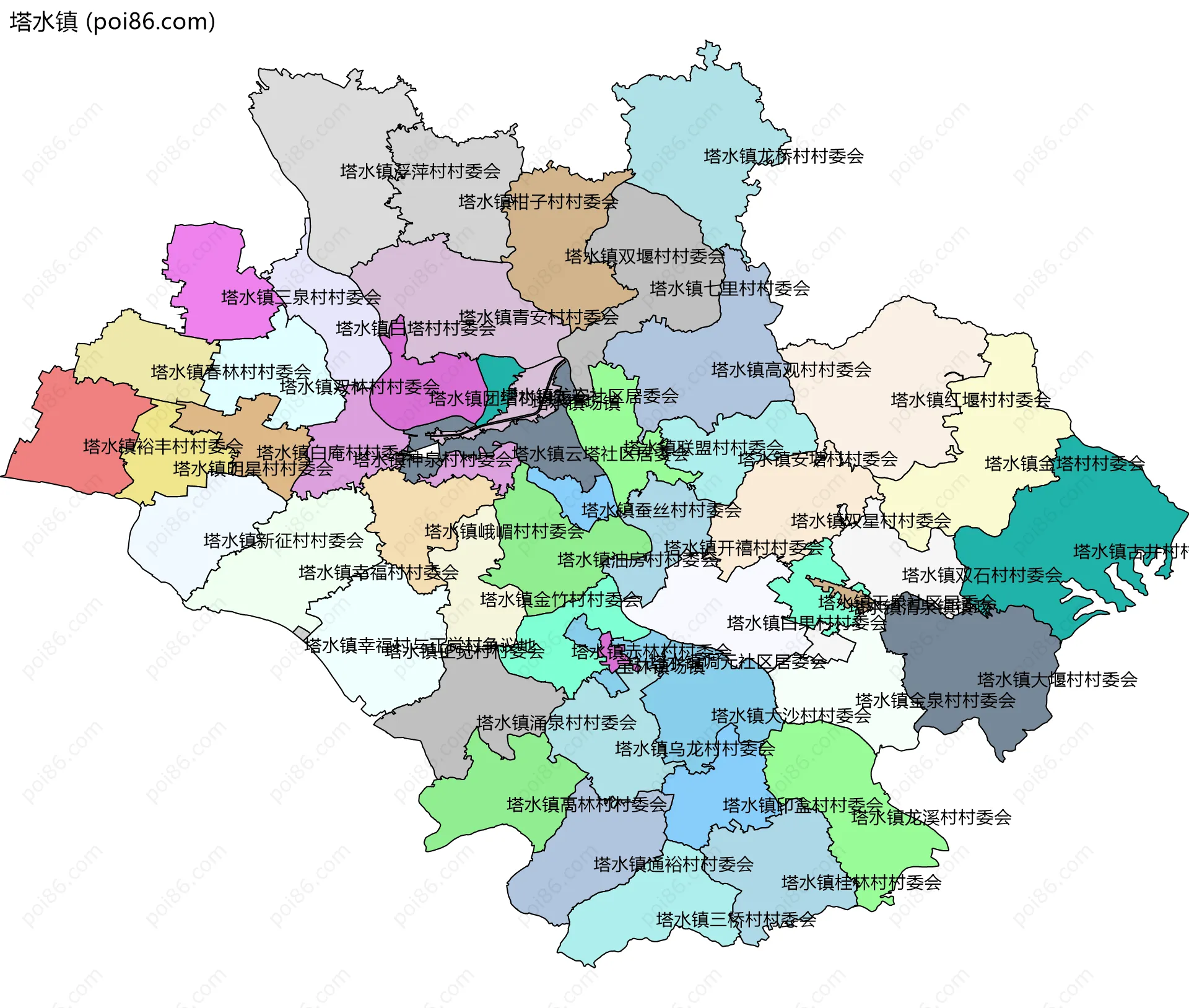 塔水镇边界地图(五级行政区划)