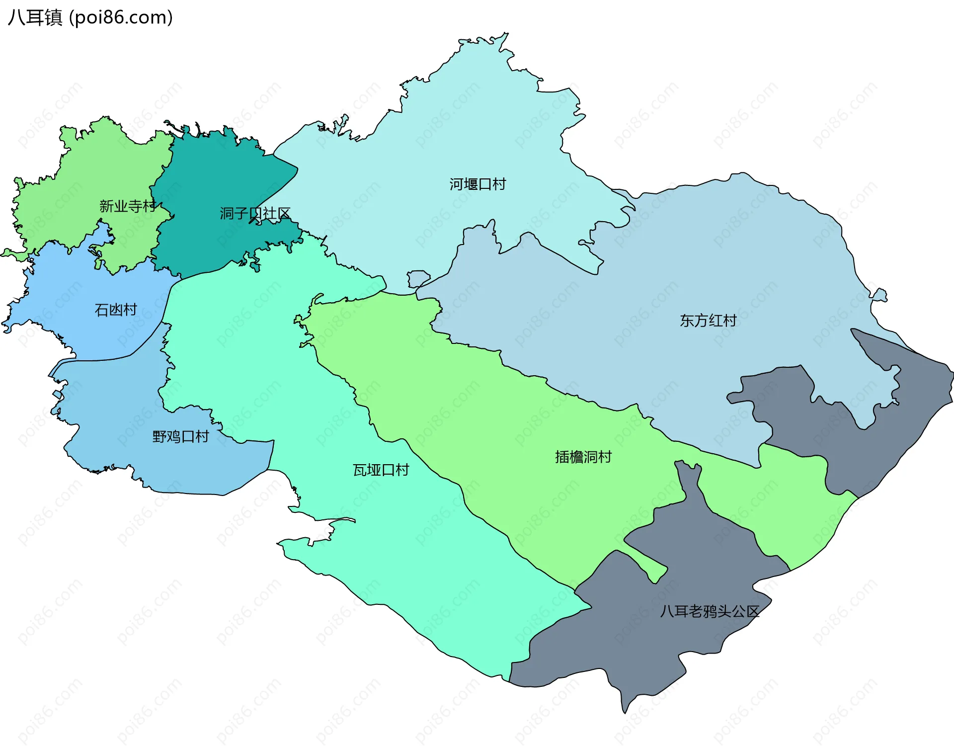 八耳镇边界地图(五级行政区划)