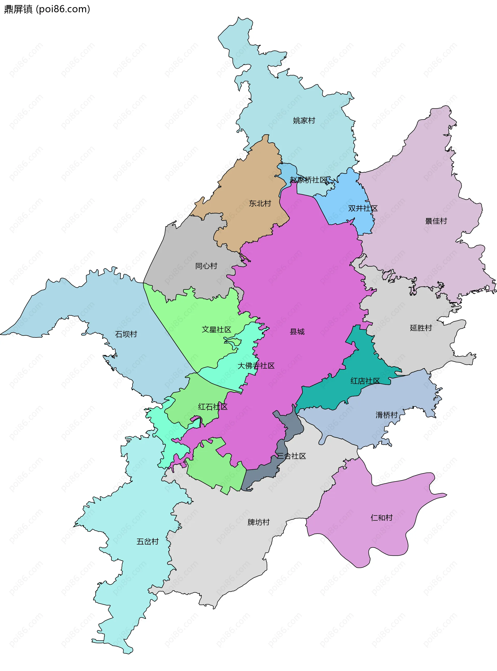 鼎屏镇边界地图(五级行政区划)