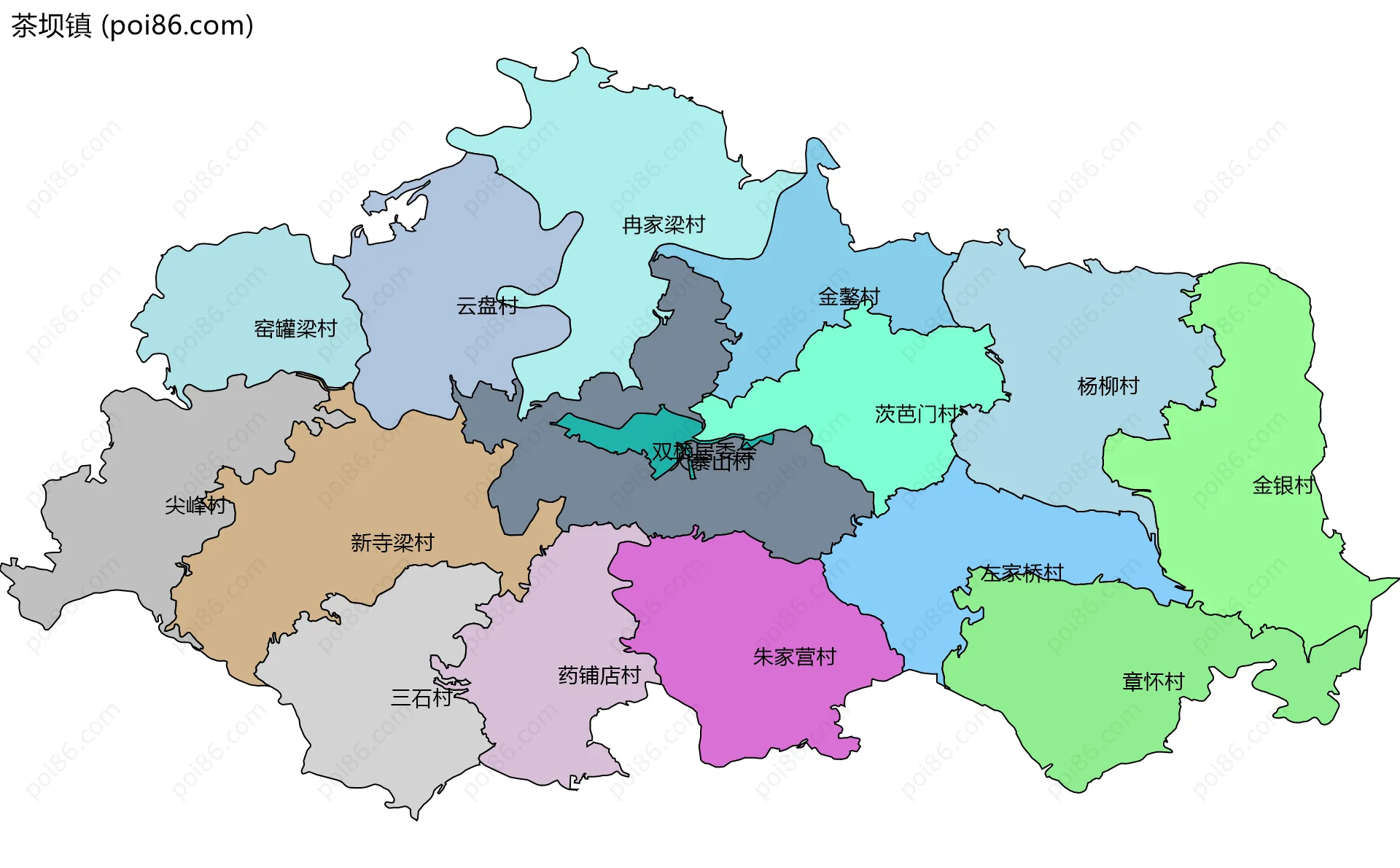 茶坝镇边界地图(五级行政区划)