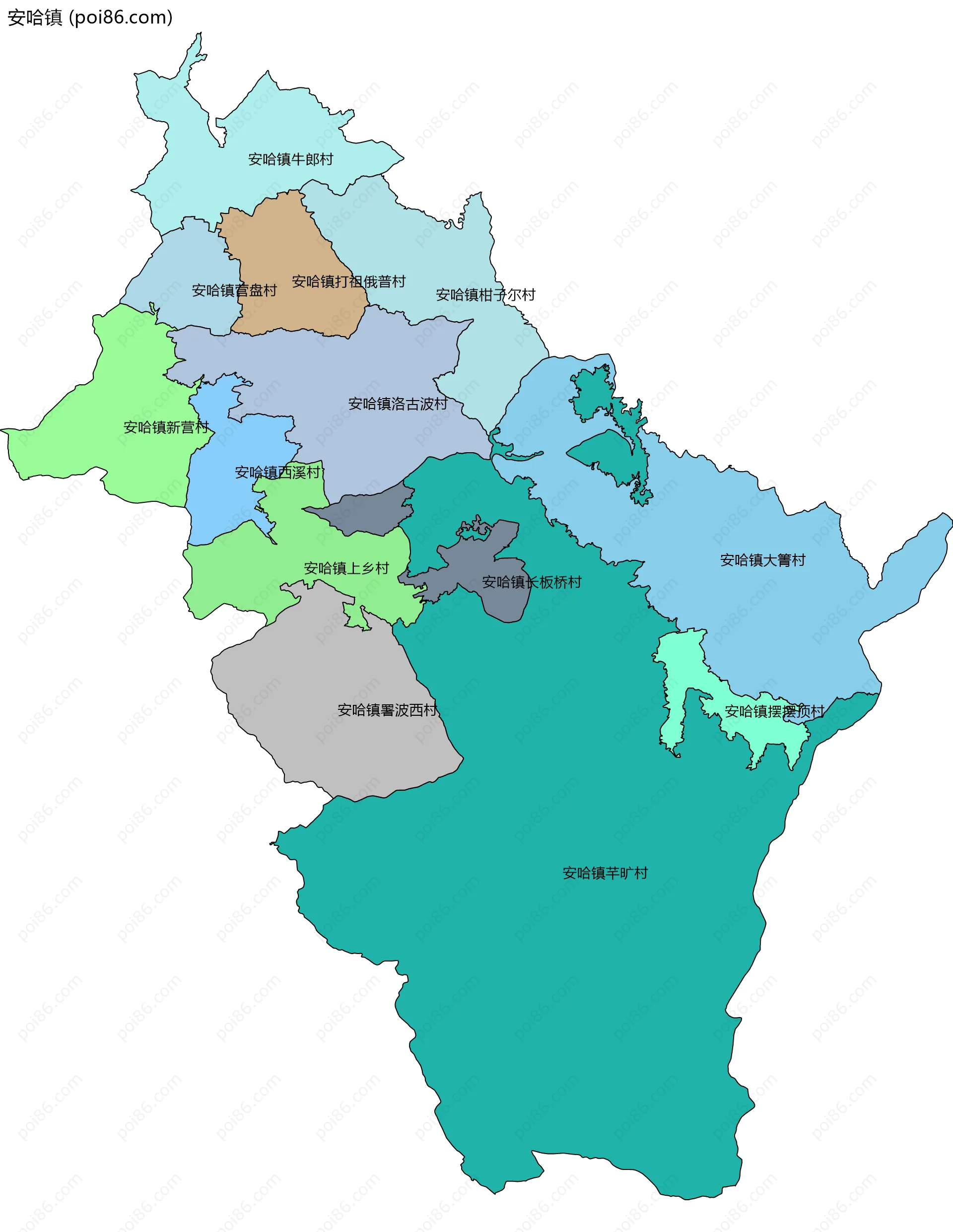 安哈镇边界地图(五级行政区划)