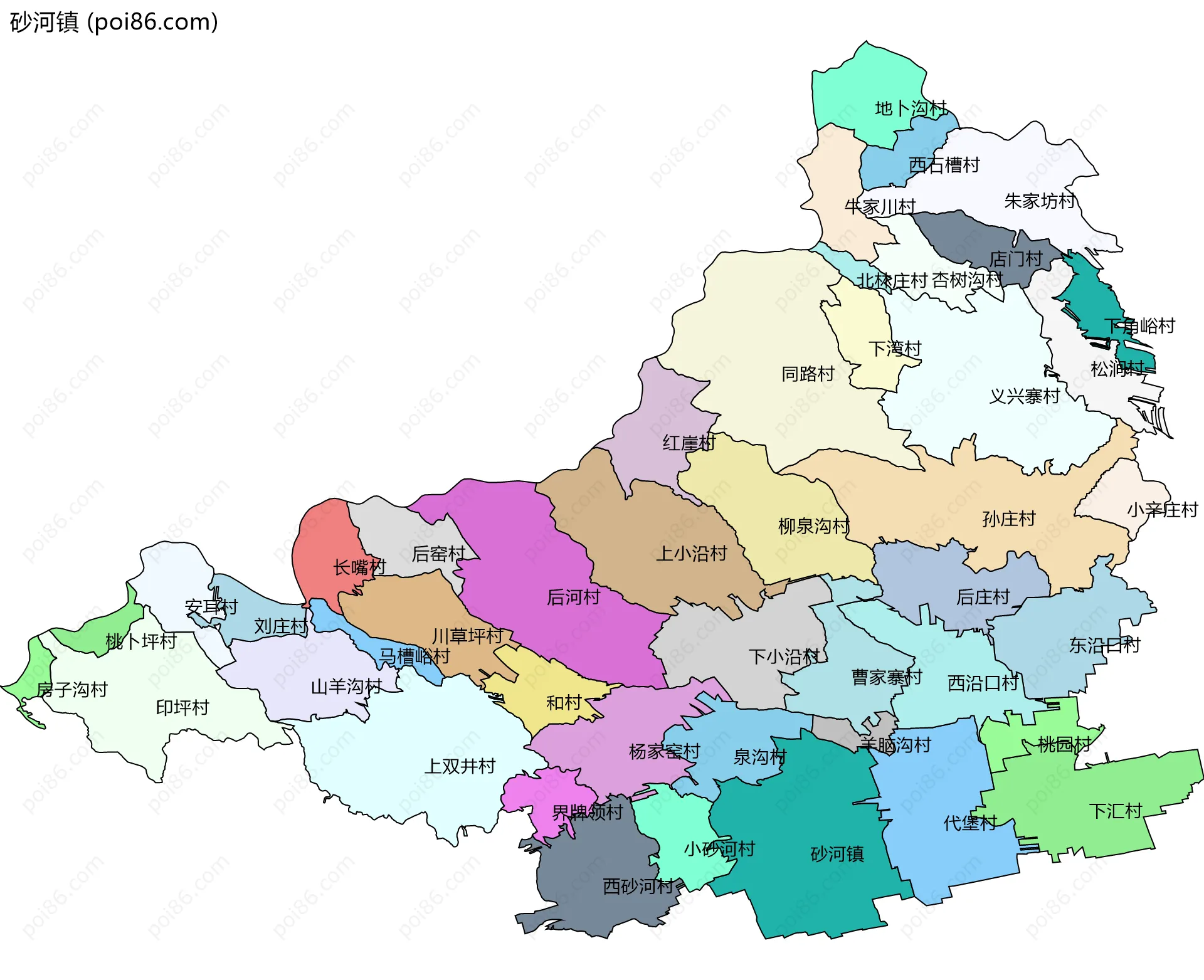 砂河镇边界地图(五级行政区划)