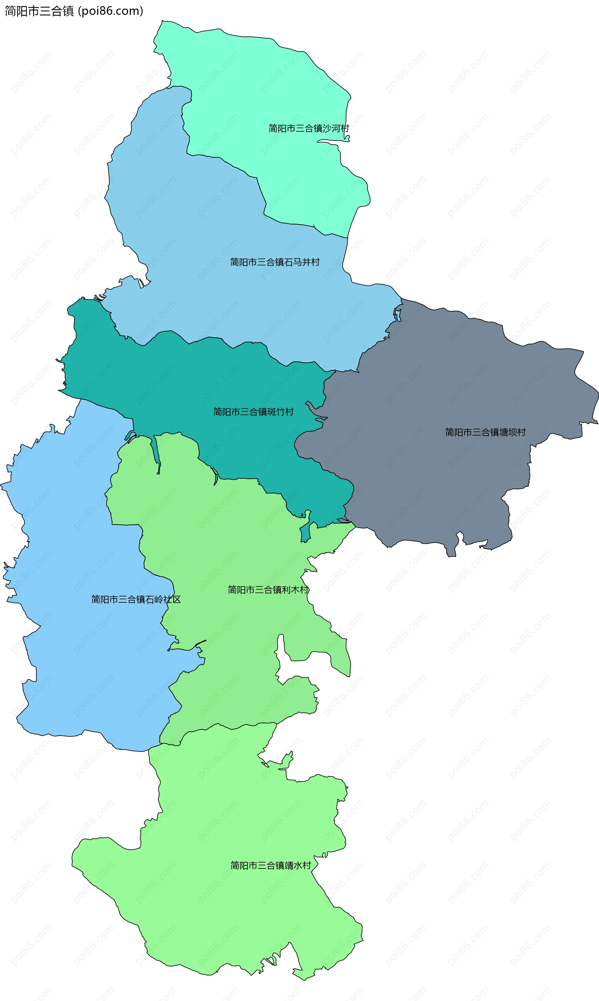 简阳市三合镇边界地图(五级行政区划)