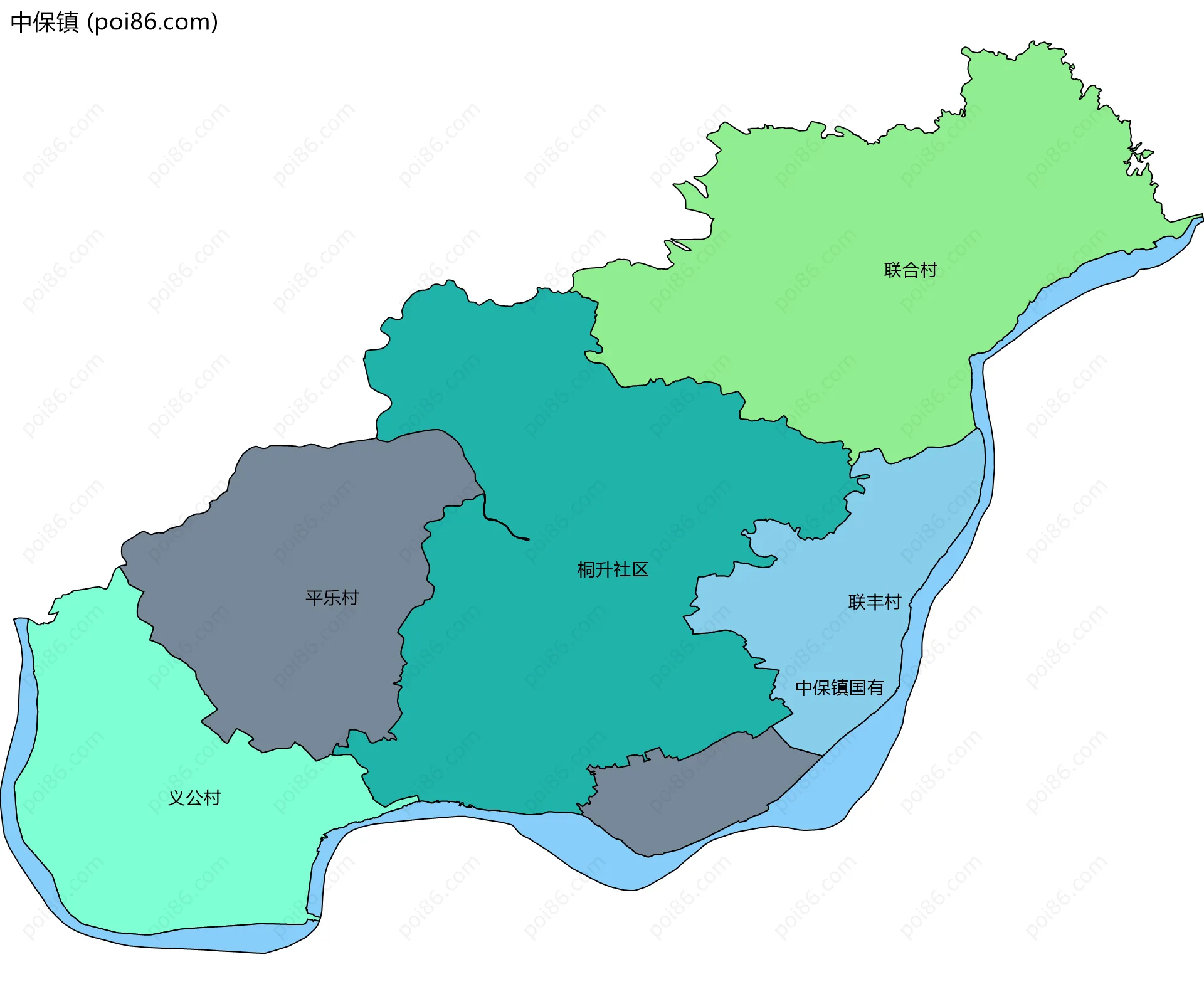 中保镇边界地图(五级行政区划)
