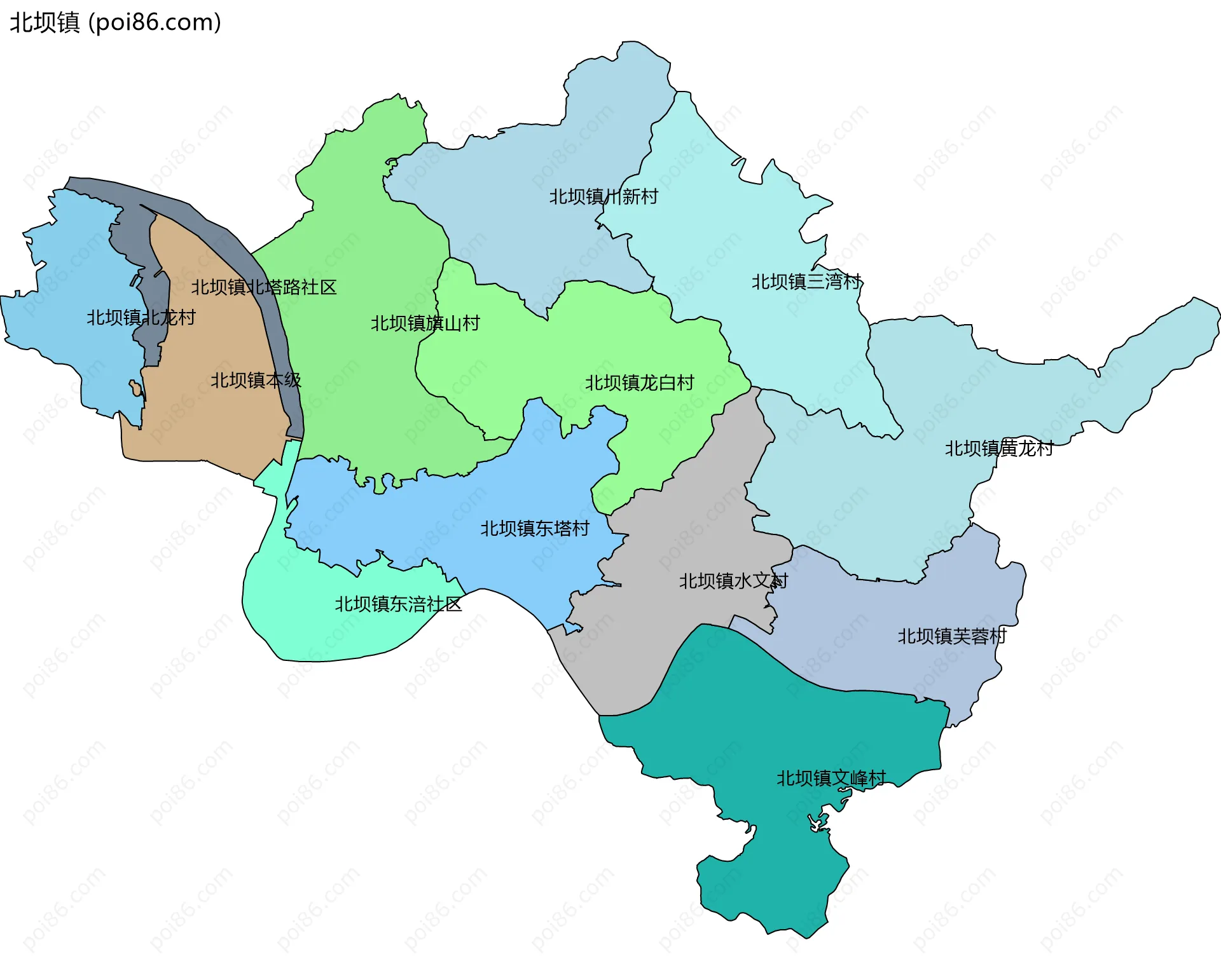 北坝镇边界地图(五级行政区划)