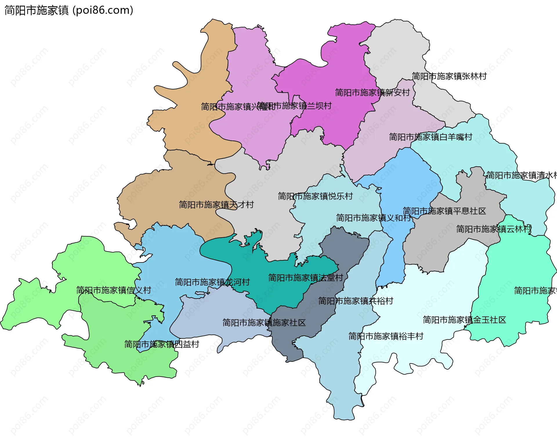 简阳市施家镇边界地图(五级行政区划)