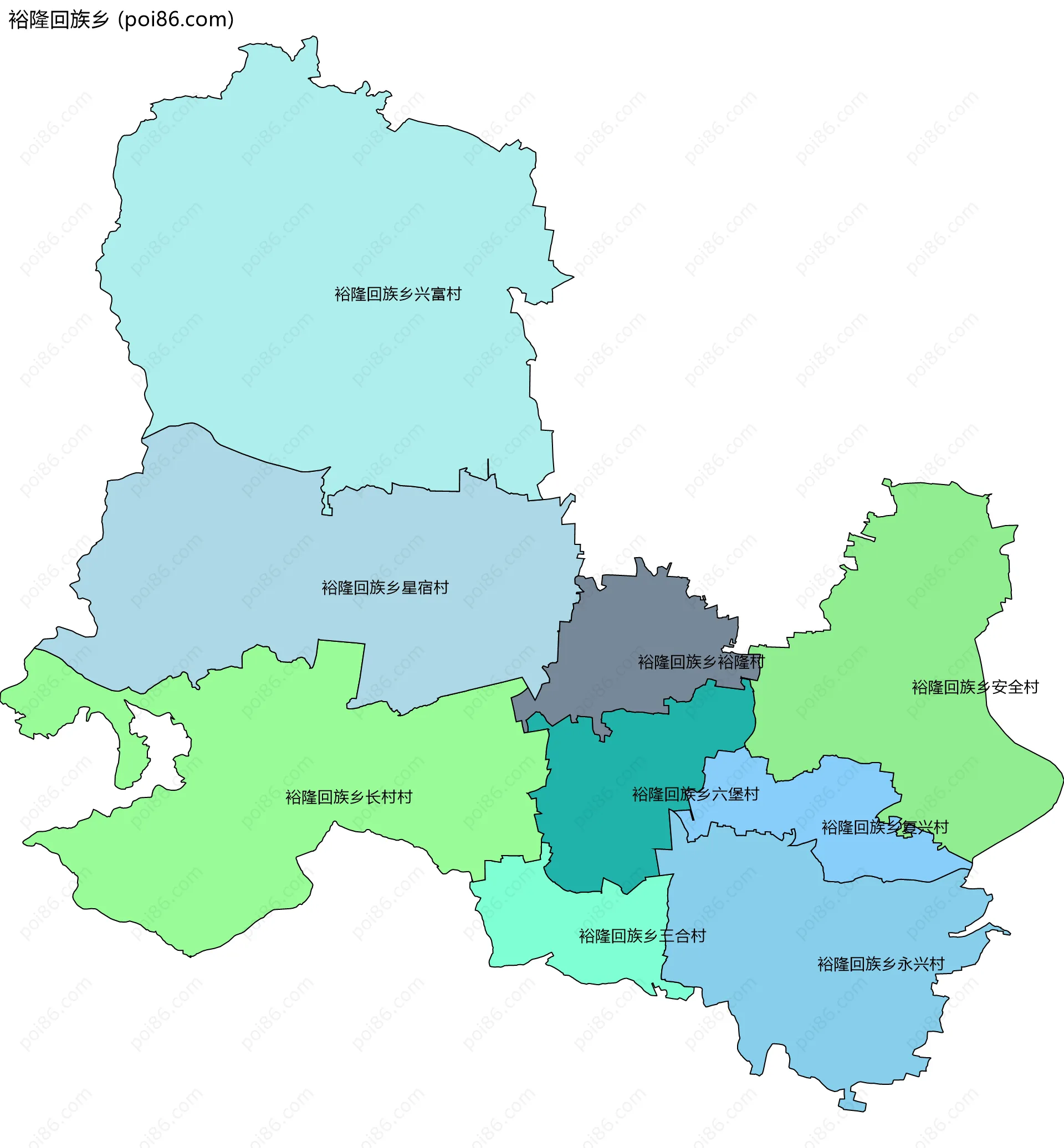 裕隆回族乡边界地图(五级行政区划)
