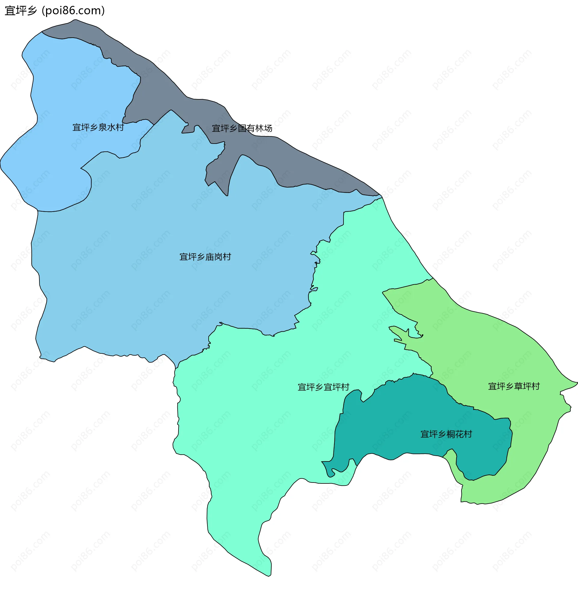 宜坪乡边界地图(五级行政区划)