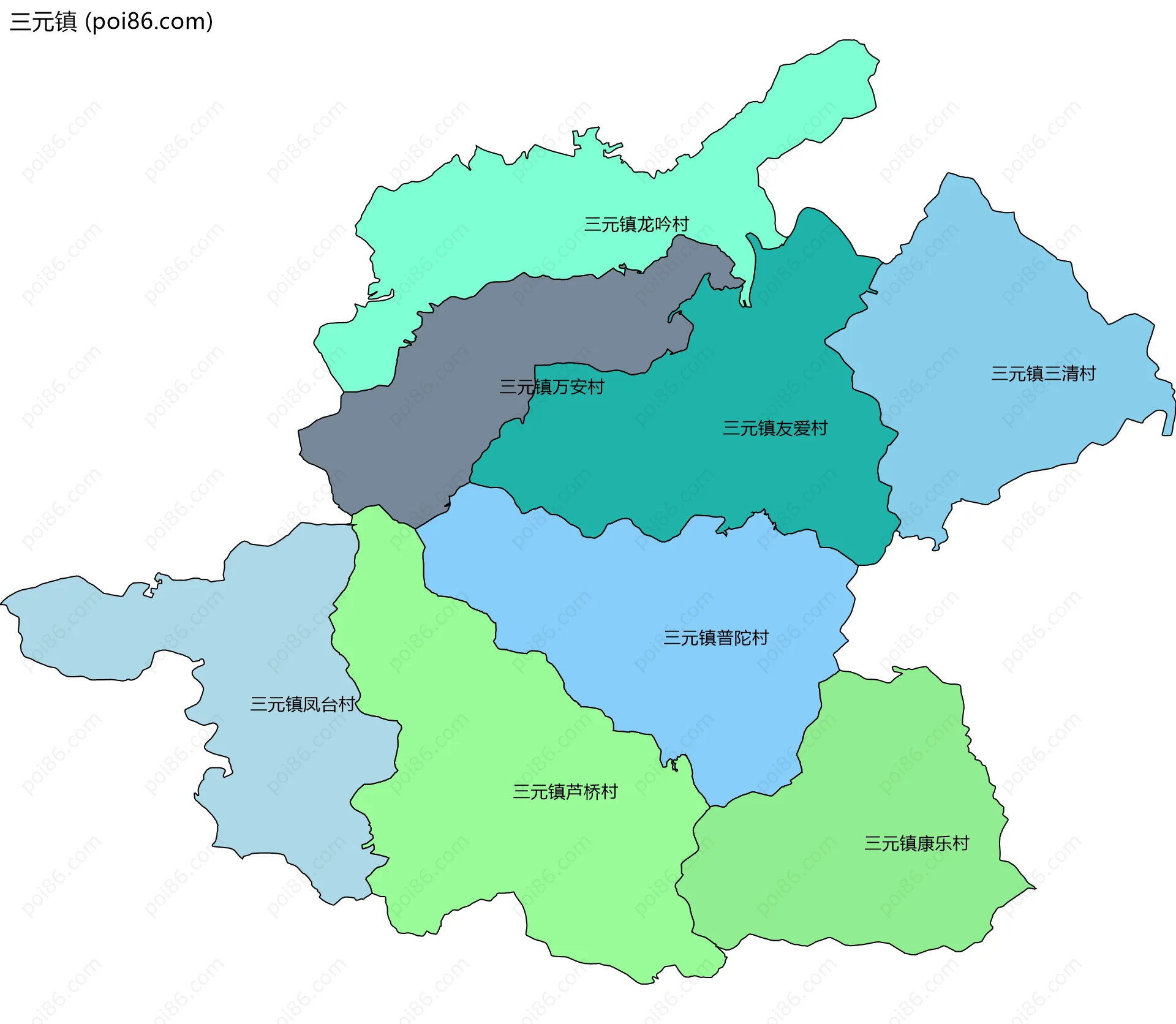三元镇边界地图(五级行政区划)