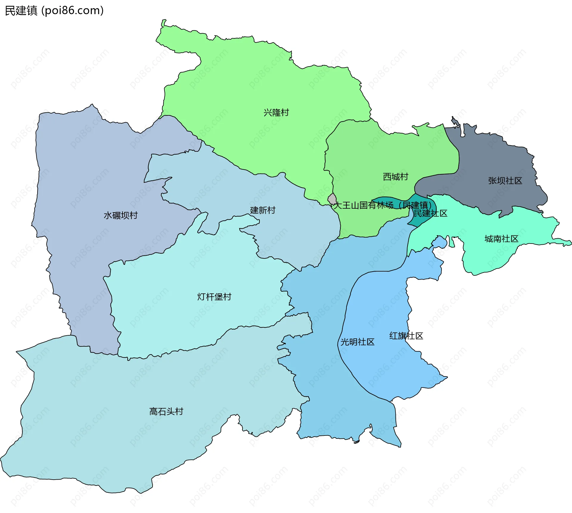 民建镇边界地图(五级行政区划)