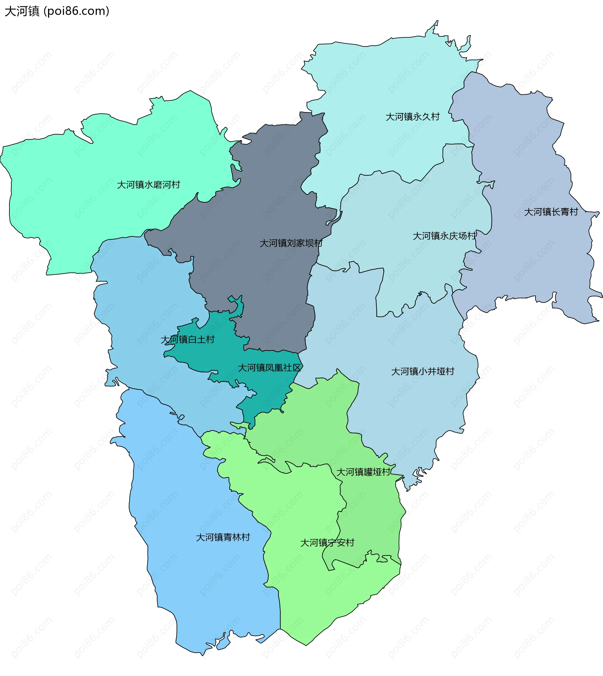 大河镇边界地图(五级行政区划)